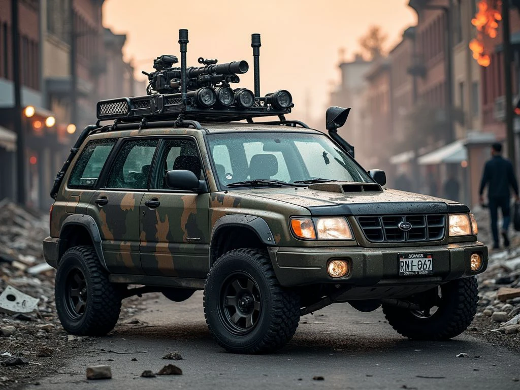 2000Subaru, A gritty, wide-angle shot presents a heavily modified 2000 Subaru Forester as the ultimate zombie apocalypse survival vehicle. The once-sleek body is now a menacing amalgamation of armor plates, sporting a patchwork of its original military camo and metal makeshift armor. The vehicle is painted with a classic military camo design, its windows covered by makeshift armor. The windows are reinforced with steel mesh, and the headlights are protected by metal grilles. A massive plow adorned with huge spikes dominates the front, while the roof supports a 360-degree pivoting machine gun turret. Oversized, spiked off-road tires grip the debris-strewn street of an abandoned city. The car's sides are adorned with make-shift weaponry and scavenged supplies. A pair of exhaust stacks rise behind the cabin, belching black smoke. The scene is set in a hazy, red-tinged dusk, with burning buildings in the background and shadowy figures approaching in the distance. This image embodies the fierce determination to survive in a hostile, post-apocalyptic world. <lora:2000SubaruForester_Flux_r1:1>