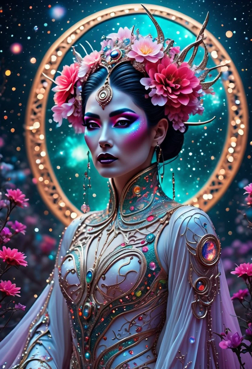 A professional photography of a celestial astro beauty gothic geisha with whimsical elements, surrounded by an magical and eerie fairytale landscape with sparkling crystals and colorful flowers, awesome appearence, fantastic cyberpunk art concept, intricate details, trending on artstation, masterpiece, 8k