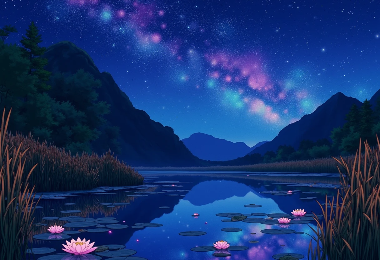 <lora:slrmn_flux_EliPot:1>  anime  cliffside with a lake with cat-tail reeds and water lilies and fire flies and toads at night with vibrant cosmic night sky