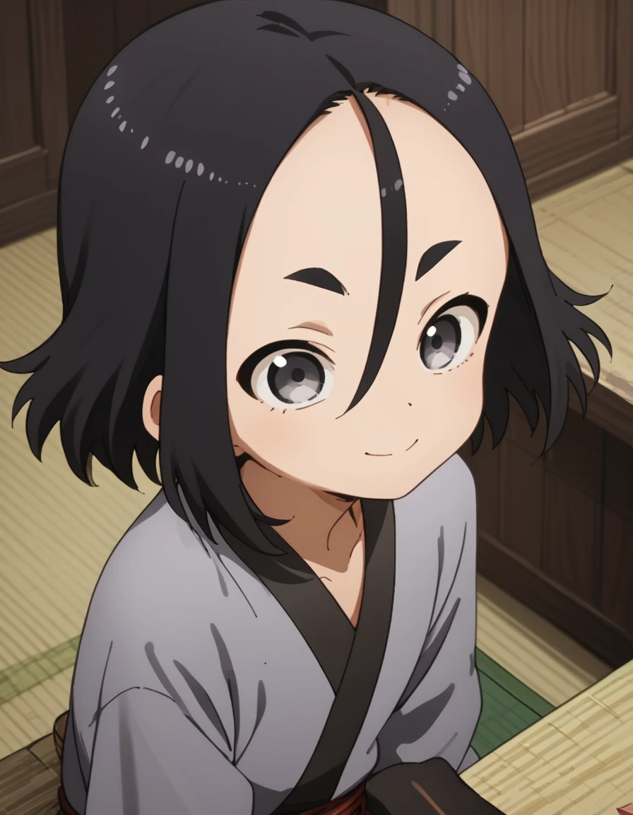 Fuki, short hair, black hair, hair between eyes, black eyes, grey eyes, thick eyebrows, forehead, short eyebrows score_9, score_8_up, score_7_up, score_6_up, score_5_up, score_4_up, source_anime ,<lora:HeartofKunoichiTsubaki:1>, Smile, sitting,