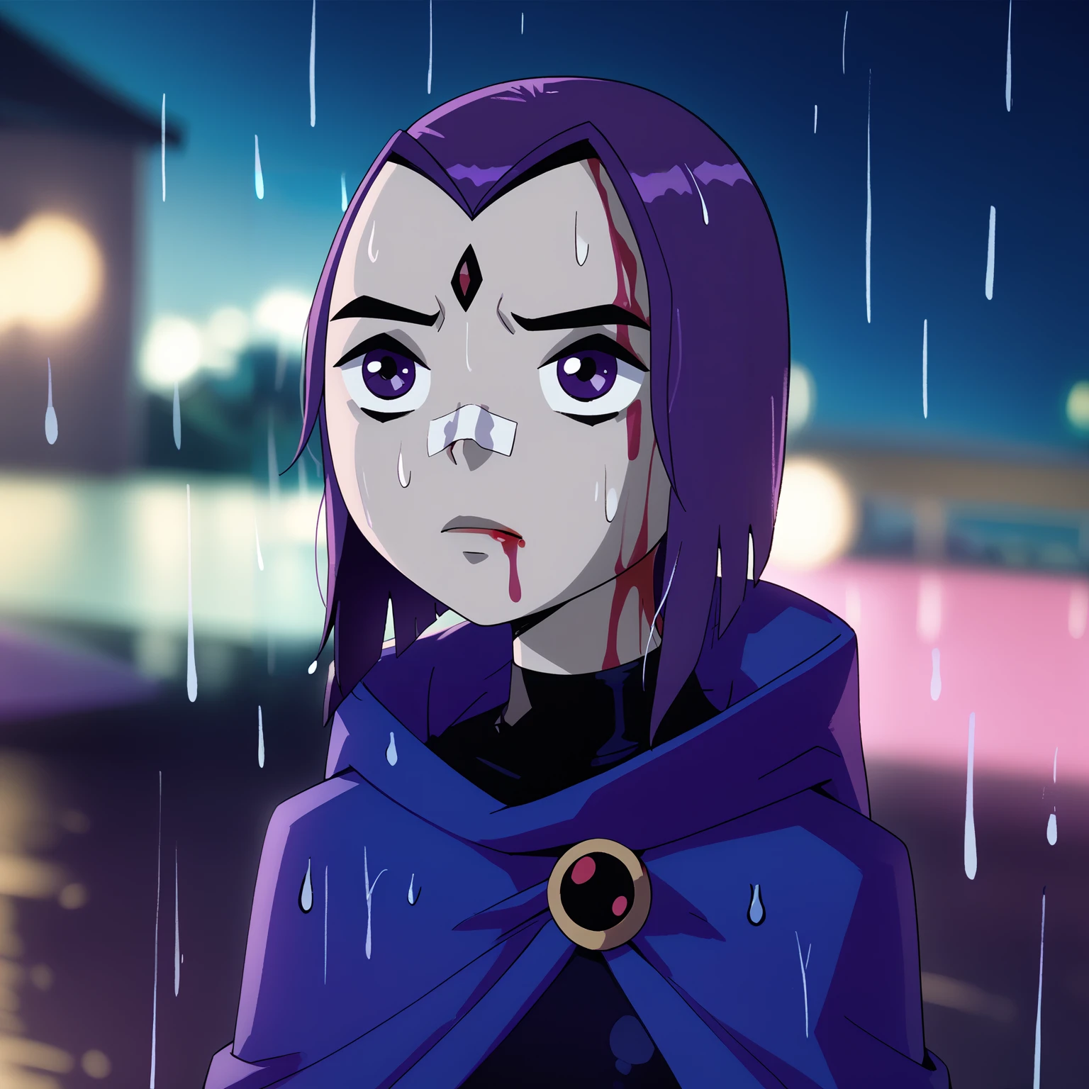 score_9, score_8_up, score_7_up, BREAK
1girl, rachelroth, purple hair, short hair, purple eyes, grey skin. forehead jewel,
leotard, blue cape,
portrait, blood on face, bandaid on nose,blurry background, pink lighting, night, dark, pink theme, rain  <lora:YouLookLonelyXL_byKonan:1>   <lora:RavenTTXL:1>