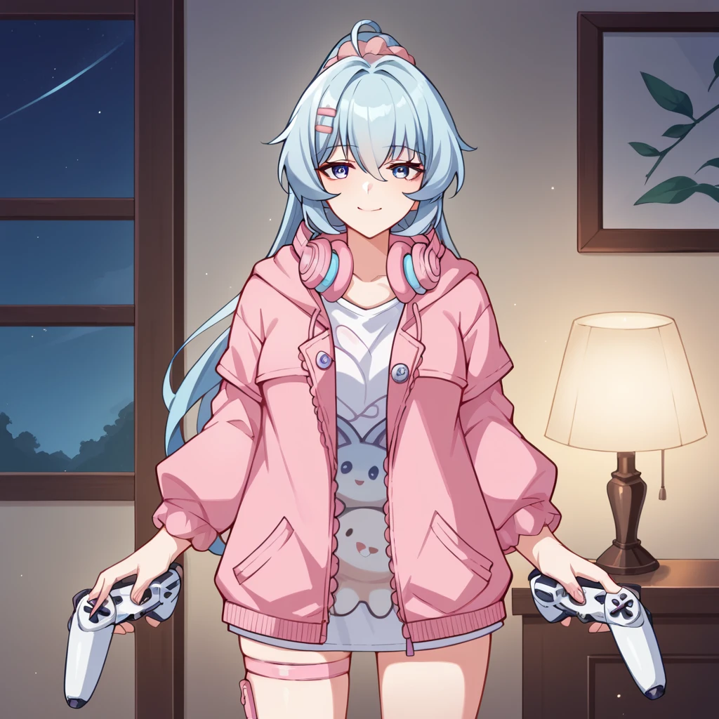 score_9_up, score_8_up, score_7_up, source_anime, 1girl, solo, Shigure, Kira_Paja, night time, dimmed light, lamp, holding two controllers in hands, looking at you, confident smug smile, light blue hair, high ponytail, blue eyes, pink jacket, open jacket, white shirt, hooded jacket, oversized shirt, long sleeves, pink sleeves, pink hairclip, pink scrunchie, pink headphones, headphones around neck, thigh strap, mature body, dynamic cowboy shot, indoors, bedroom background