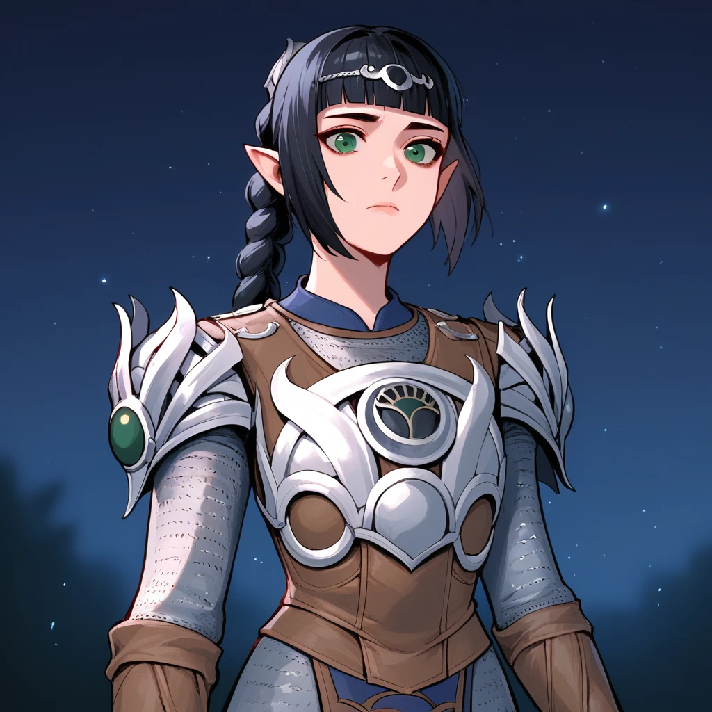 score_9_up, score_8_up, BREAK, 1girl, solo, ShadowHeart, black hair, blunt bangs, braided ponytail, green eyes, pointy ears, armor, shoulder armor, pauldrons, cowboy shot,  <lora:ShadowHeart_BG3_PXL_Leaf1:1>, night sky, moolight, light particles,