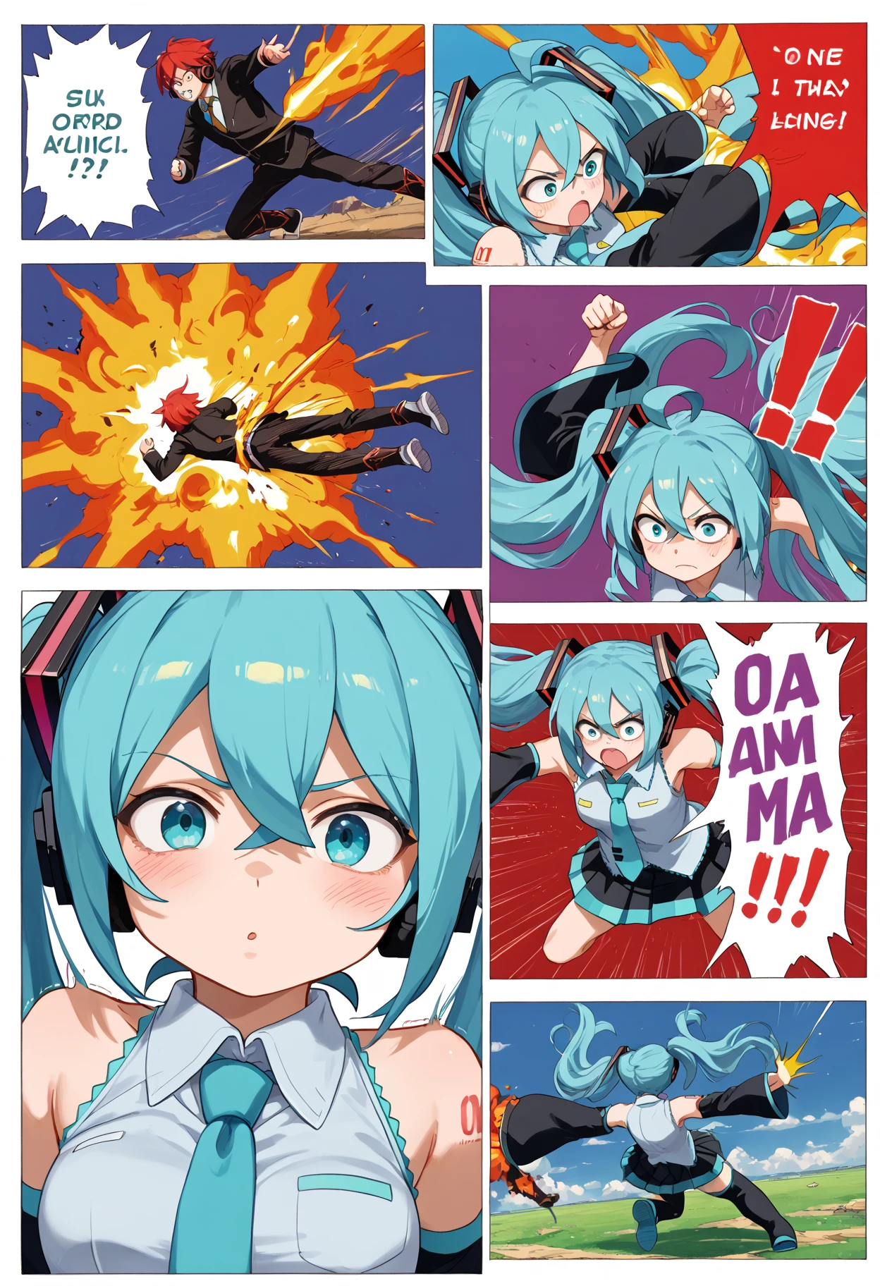 score_9, score_8_up, score_7_up, score_6_up, score_5_up, score_4_up, anime source,
<lora:DBBattle_Pony_V2:1>DBBattle, (duel:1.25), (comic:1.25), battle, emphasis lines, speed lines, motion lines, !?, !!, style parody,
Frame, Text, English Text, speech bubble, trembling, focus line, vibrating line, comic expression, Sound effect,
1 girl, girl forcas, 2+ boys, Monster Boy, Creature Boy, Mutant Boy,
fighting stance, aura, flying,
injury, torn clothes,
cloud, cloudy sky, day,
((explosion)),
mikuhatsune, <lora:miku-hatsune-ponyxl-lora-nochekaiser:0.5>,
miku hatsune, ahoge, aqua eyes, aqua hair, crossed bangs, hair between eyes, hair ornament, headphones, long hair, twintails, mature female,
aqua necktie, black footwear, black skirt, black sleeves, boots, collared shirt, detached sleeves, grey shirt, necktie, pleated skirt, shirt, skirt, sleeveless, sleeveless shirt, thigh boots, tie clip,