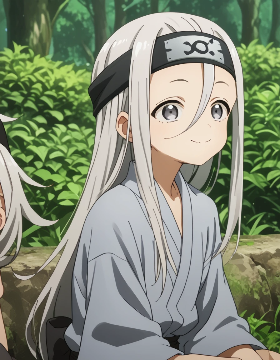 Hototogisu, long hair, hair between eyes, grey hair, japanese clothes, grey eyes, headband score_9, score_8_up, score_7_up, score_6_up, score_5_up, score_4_up, source_anime ,<lora:HeartofKunoichiTsubaki:1>, Smile, sitting,