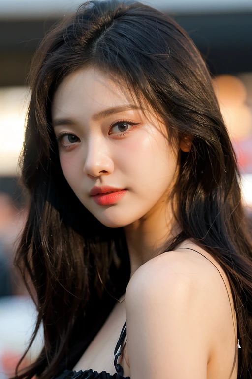 masterpiece, best quality, ultra-detailed, ultra high res, (photorealistic:1.4), raw photo, (realistic:0.2), 8k HDR, realistic lighting, looking at viewer, 1girl, solo, asymmetrical hair, outdoor, sky, (traditional market:1.2), bokeh, (detailed lips), (day), (detailed pores), (detailed skin textures), (detailed face:1.2), (body:1.2), a woman portrait in a black sundress, cowboy shot, close up