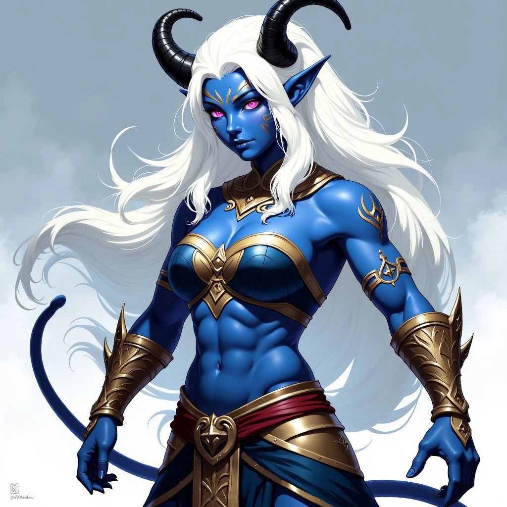 2d , anime ,tiefling shaman, white hair, (long hair:1.3), side bangs, horns, barbarian, gladiator, war paint, tribal markings, long tail, blue skin, pink eyes, glowing eyes, (smug:0.85), (big breast:1.25),