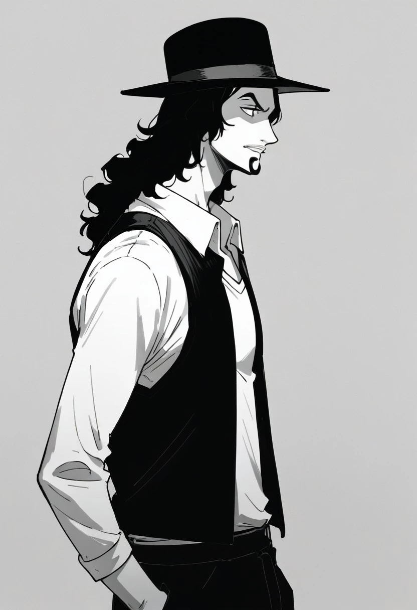 score_9, score_8_up, score_7_up, source_anime, rating_safe, monochrome, greyscale, Lucci, black_Lucci_long hair, black_Lucci_goatee, 1boy, male focus, casual clothes from side, wallpaper, sketchy,