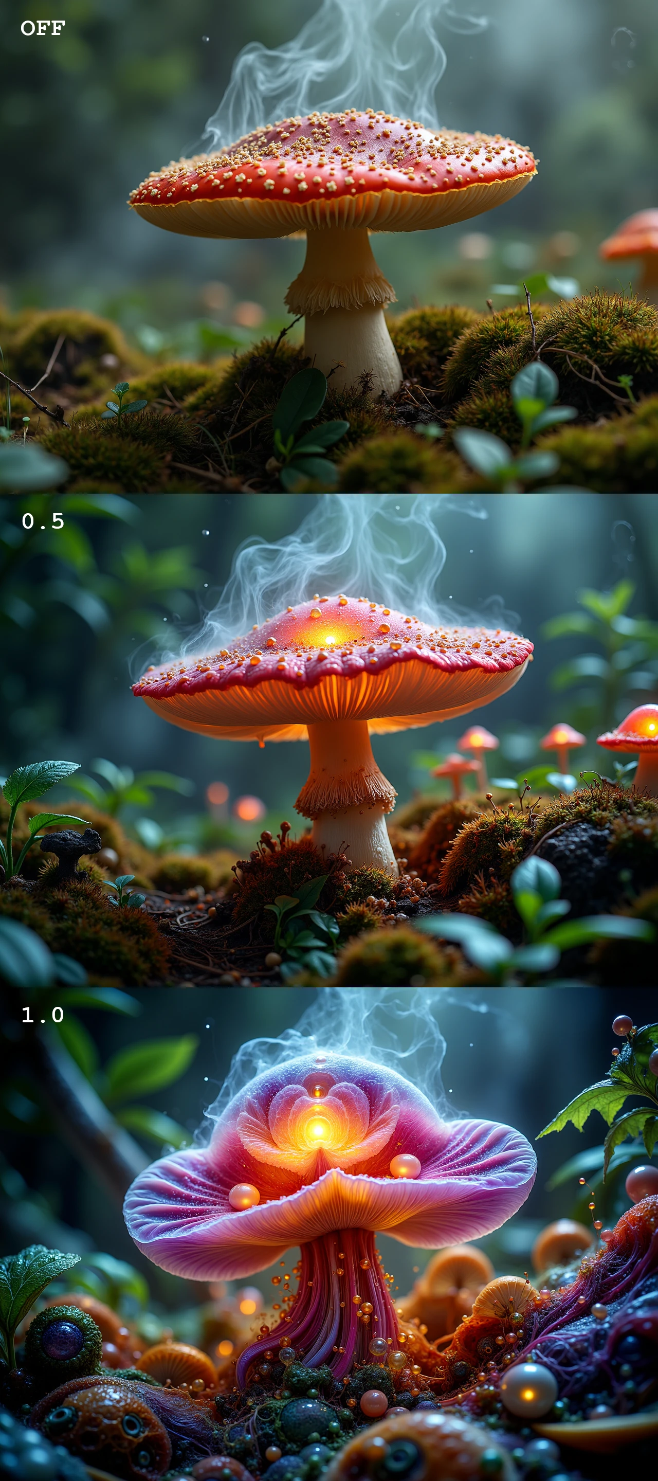 leica photography of an exotic but deadly mushroom in a fairytale glade, poisonous fumes, vibranr ambience