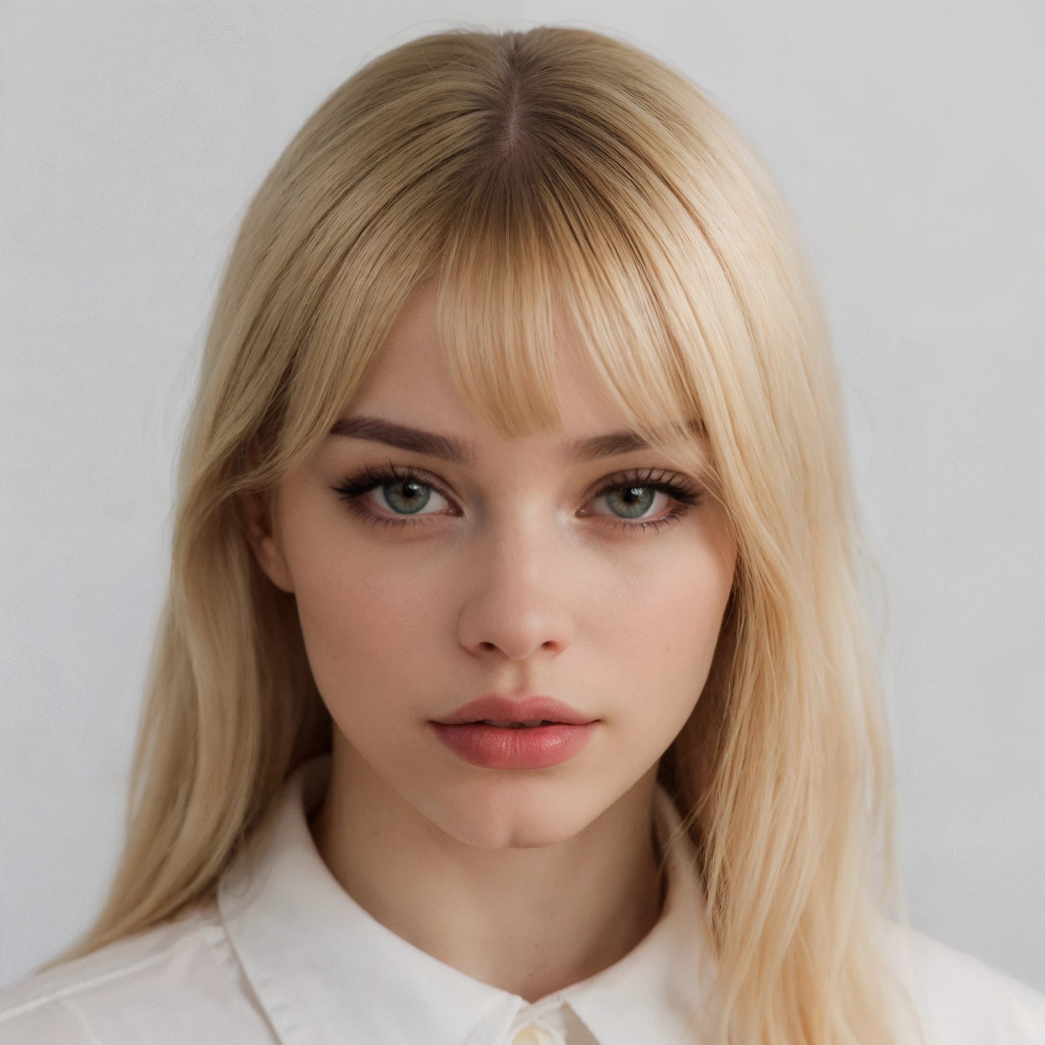 Photography, Portrait, taken with DSLR, F/2.8, (High quality), (masterpiece), realistic, 8K, realistic, (close-up, portrait) , [plain white background], (long hair, blonde hair, bangs),  (thick lips), (posing), (white collared shirt),  <lora:Burch:0.95> laurenxburch