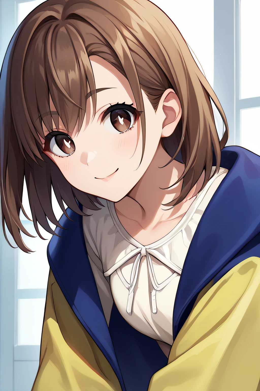 score_9, score_8_up, score_7_up, source_anime, rating_safe, intricate details, 1girl, <lora:Kinosaki_Arisa:1>, arisa, brown hair, medium hair, brown eyes, white pupils, blue jacket, yellow sleeves, white shirt, smile, looking at viewer, indoor, barefeet, upper body, bent over, arms behind