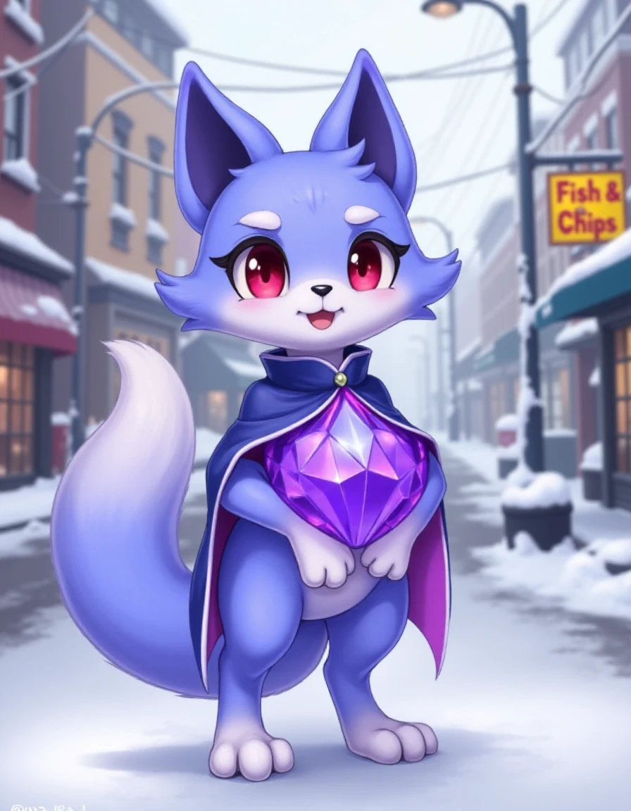 (<lora:Nox_epoch_5:1.3>,nox_(pal), Periwinkle fur,purple chest crystal,capelet, Red eyes,black pupils, dipstick tail, white ears:1.2, dipstick ears,white paws, small dark blue nose,),
(feral:1.1),happy,paws,pawpads,
snow covered city,Sign for Fish & Chips,(photorealism, :1.2),