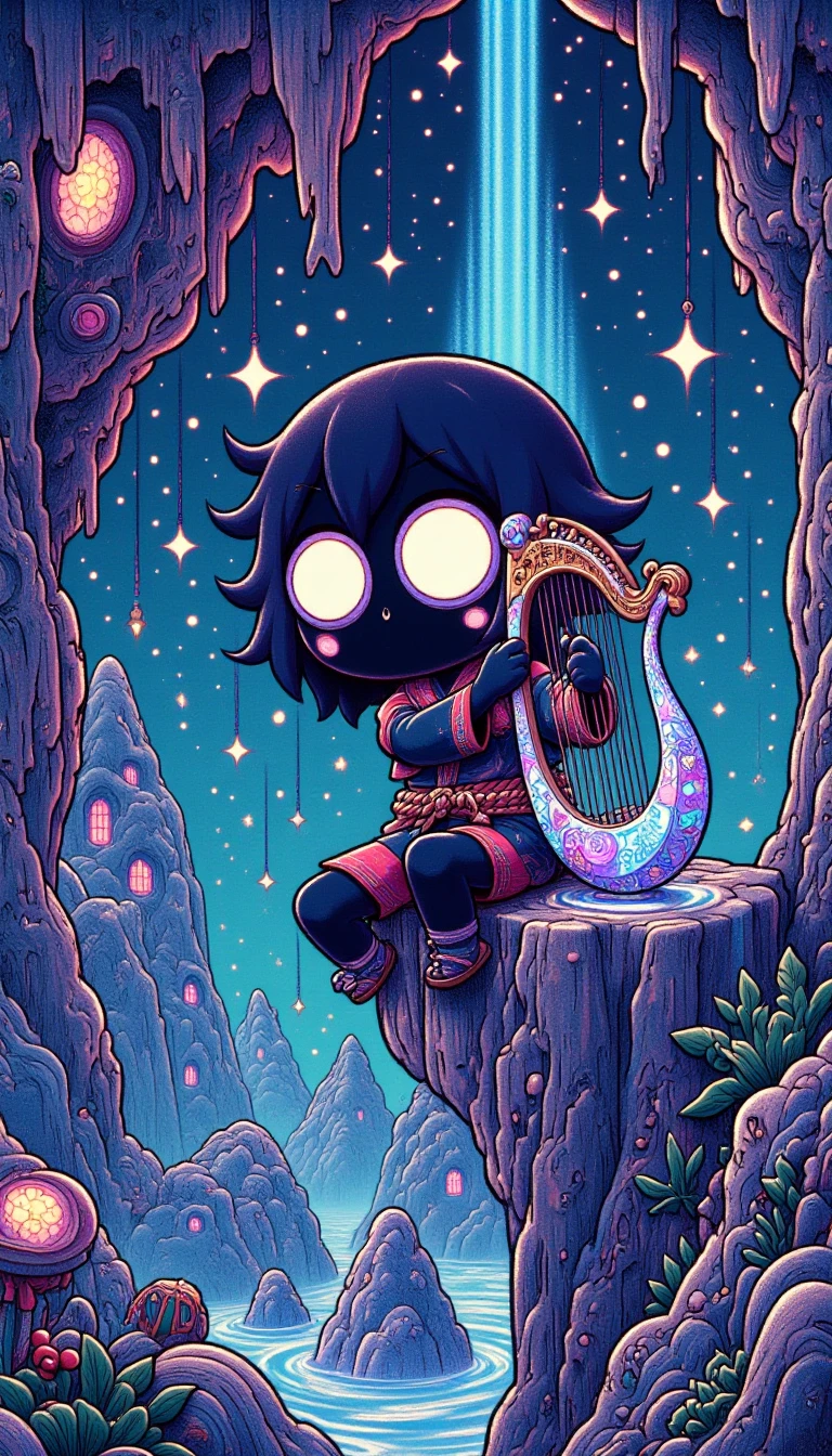 A pixel art drawing of Spider-Woman 2099 perches on a glowing, iridescent stalactite within a vast, bioluminescent cave, her eyes glowing with a soft, blue light as she gently plucks a delicate, crystalline harp that shimmers with an ethereal melody, the sound waves causing the cave's walls to pulse with a soothing, rhythmic light.