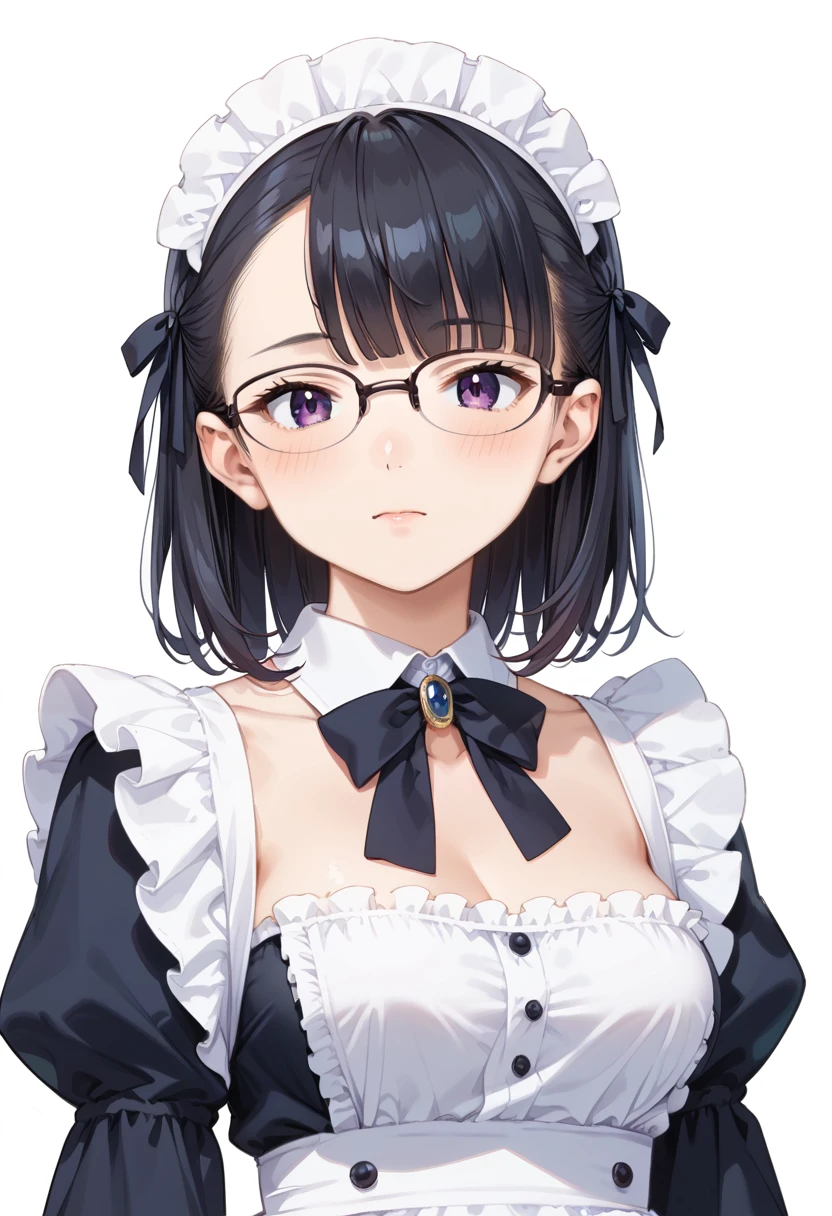 score_9, score_8_up, score_7_up, rating_safe, masterpiece, best quality, absurdres, unity 8k wallpaper, official art, official style, source_anime, uncensored, game cg, megami magazine,
1girl, solo, black hair, medium hair, upper body, covered eyes,maid, maid headdress, black dress, maid apron, face focus, 
halfrim15S, still life, white background, simple background, black-framed eyewear,
 <lora:glasses_halfrim15s_PONY_V1:1>