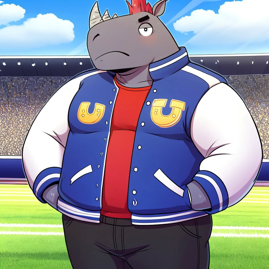 earl, rhino, fat, horns, furry male, black pants, cartoon, solo, male focus, single horn, furry, male mohawk, pointy ears, The rhinoceros character is standing on the sidelines of a college football field, open jacket showing his red shirt, jacket with a 'U' patch. white sleeves, He has a determined expression as he watches the game, hands in pockets, with the crowd in the bleachers behind him. The stadium lights cast a soft glow on him as the sun sets, adding a sense of anticipation to the scene,  detail background, 4k, best quality, highly detailed