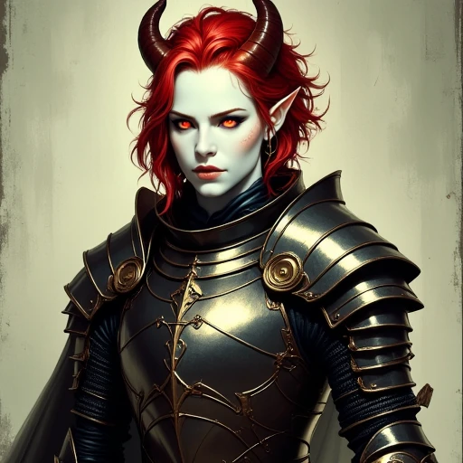 tiefling white skin with short red hair wearing knights armor