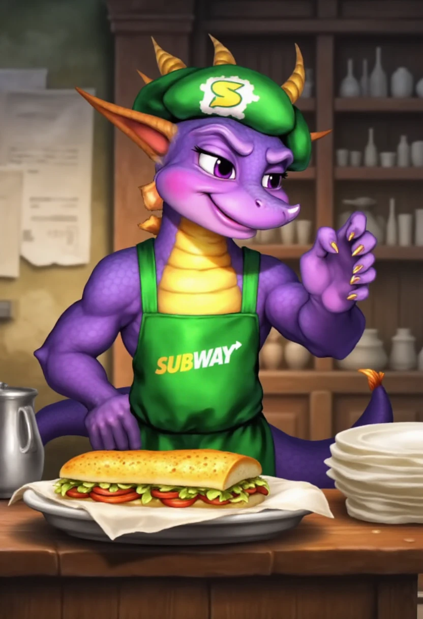 vanillaware, Spyro the Dragon standing behind the counter at a Subway restaurant, wearing a green apron and hat that have the Subway logo on them, making a footlong subway sandwich while looking smug.