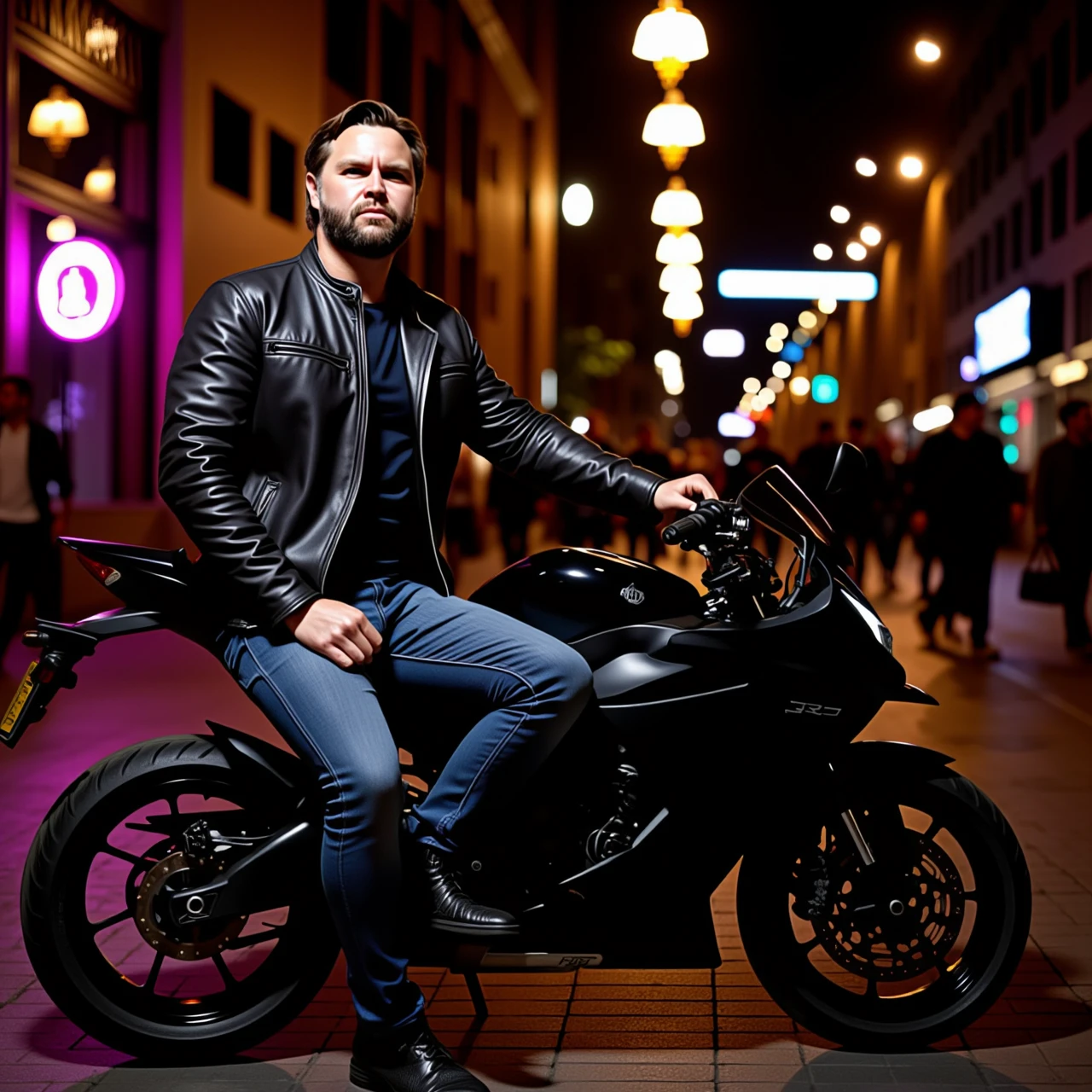 A photo of JD Vance

Subject: JD Vance

Appearance: JD Vance is wearing a sleek leather biker jacket, with blue jeans and boots, embracing a rugged yet stylish look. His signature short, well-groomed beard is visible, and he’s sporting a confident, serious expression.

Pose: Sitting confidently on a sleek black Japanese sports motorcycle, one hand casually resting on the handlebars, while the other hand lightly grips the seat, showcasing his cool, laid-back demeanor.

Setting: Downtown Ohio nightlife. Neon signs from bars and restaurants illuminate the busy street, with people bustling around. The street is filled with energy, vibrant with activity, and chiaroscuro lighting creates bold contrasts between shadows and the neon-lit environment.

Background: The lively nightlife of downtown Ohio is visible, with neon lights reflecting off the wet pavement, a few bustling crowds walking in and out of bars and clubs. A sense of action and movement defines the urban space.

Mood/Atmosphere: The scene captures a bold and dynamic vibe, mixing the thrill of nightlife with a cool, confident JD Vance, exuding pride and a gritty sense of Ohio's downtown culture at night.