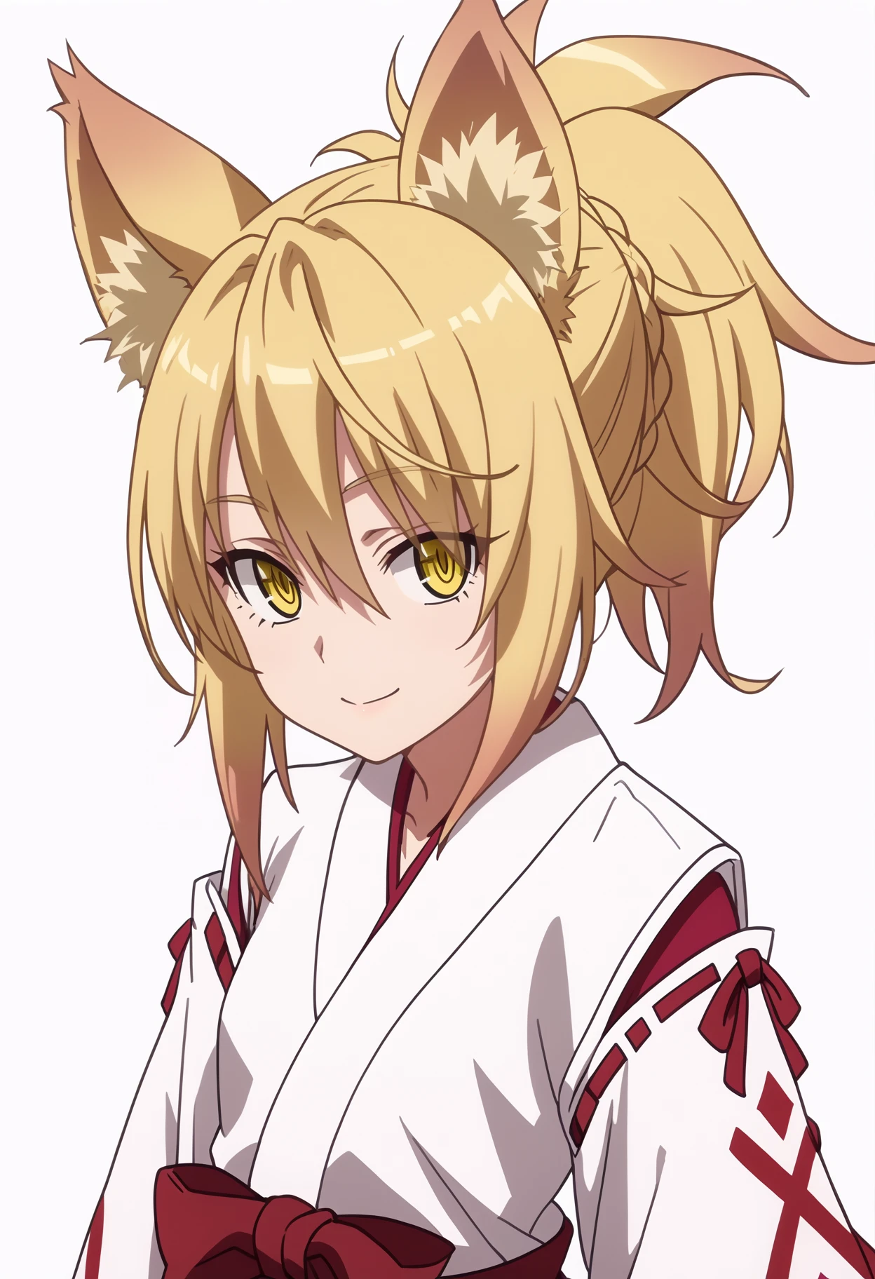 score_9, score_8_up, score_7_up, anime screencap, BREAK
1girl, kunou, blonde hair, short hair, ponytail, yellow eyes,
fox ears, 
red hakama, japanese clothes, miko,
upper body, standing, smile, looking at viewer, solo, simple background, white background   <lora:KunouXL_byKonan:1>