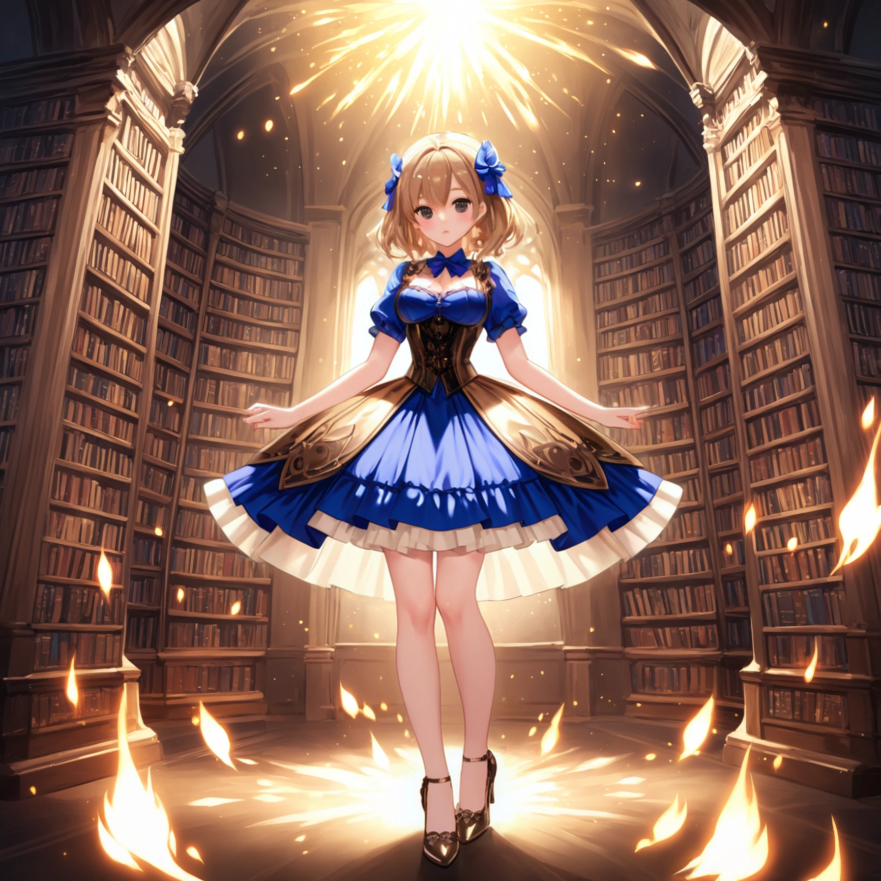 1girl (full body), cute girl
wearing a dark blue and bronze sweetegl dress with a (very full short skirt) and (extremely tight bodice corset)
wearing (pretty cute heels)
(gazing around) a massive fantasy library
lit by magical flames, soft mystical lighting
<lora:sweetlolitaXLv6(150):0.8>