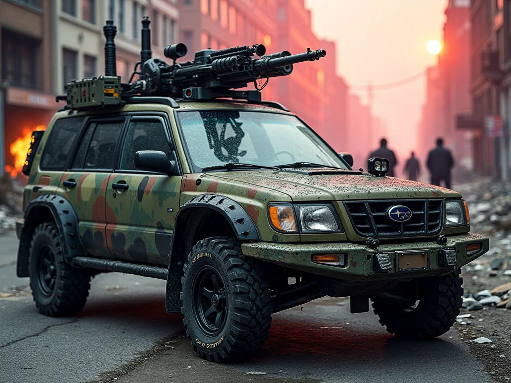 2000Subaru, A gritty, wide-angle shot presents a heavily modified 2000 Subaru Forester as the ultimate zombie apocalypse survival vehicle. The once-sleek body is now a menacing amalgamation of armor plates, sporting a patchwork of its original military camo and metal makeshift armor. The vehicle is painted with a military camo design, its windows covered by makeshift armor. The headlights are protected by metal grilles. A massive snow plow bumper attachment adorned with huge spikes dominates the front bumper, while the roof supports a 360-degree pivoting machine gun turret. Oversized, spiked off-road tires grip the debris-strewn street of an abandoned city. The car's sides are adorned with make-shift weaponry and scavenged supplies. A pair of exhaust stacks rise behind the cabin, belching black smoke. The scene is set in a hazy, red-tinged dusk, with burning buildings in the background and shadowy figures approaching in the distance. This image embodies the fierce determination to survive in a hostile, post-apocalyptic world. <lora:2000SubaruForester_Flux_r1:0.7>