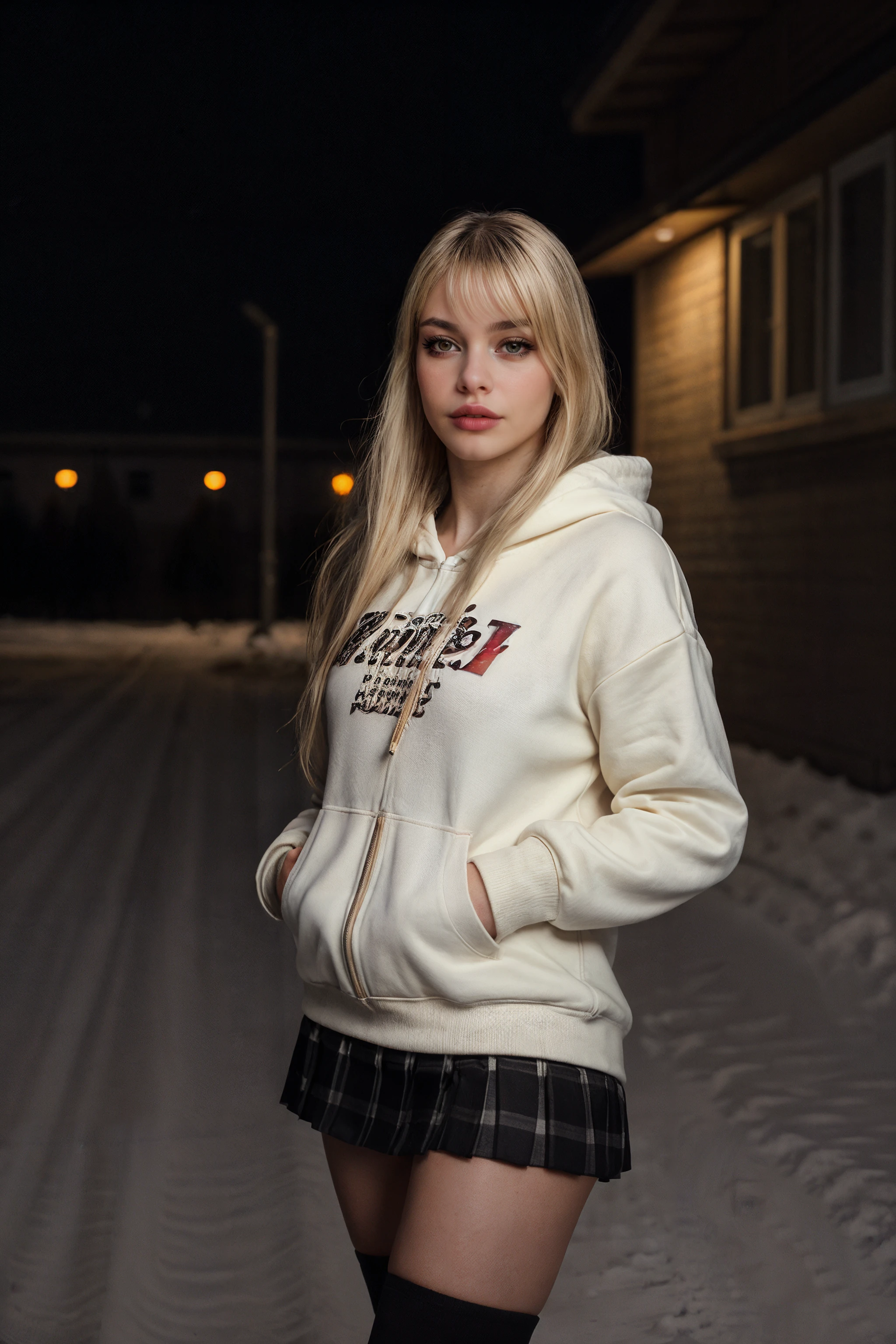 Photography, Portrait, taken with DSLR, F/2.8, (High quality), (masterpiece), realistic, 8K, realistic, (upper body), [extremely detailed background, snow, winter, dark, suburbs, flash light], (long hair, blonde hair, bangs),  (thick lips), [brown eyes], (posing), (black hoodie, zipper, black pleated skirt),  <lora:Burch:0.95> laurenxburch <lora:add_detail:0.45> <lora:positivemethod6:0.35>