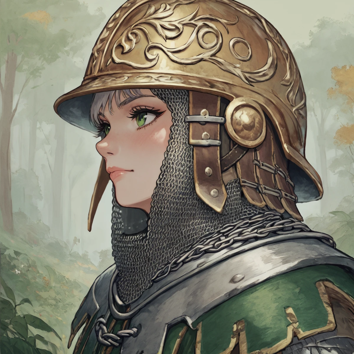 score_9, score_8_up, score_7_up, score_6_up, ((anime, girl, open helmet, chainmail, grey elements)), close up, portiret knight , green armor, orange armor, helmet, digital artwork, fantasy backgrounds, forest, green background <lora:Pony_EldenRing_GodrickSoldier_v3:0.7> <lora:Faux Oil Painting Soft Style LoRA_Pony XL v6:0.5>