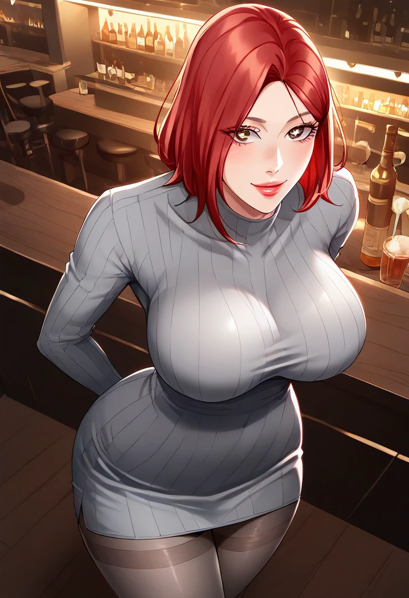 score_9, score_8_up, score_7_up, ASCII masterpiece, source_anime, BREAK, 1girl, solo, (( <lora:kim_su-kyung:1> , kim_su-kyung, thin waist, wide hips, beautiful skin, beautiful brown eyes, clear eyes, bright pupils, beautiful eyes, beautiful red hair, beautiful short hair, huge and shaggy breasts, natural beauty, extraordinary beautiful woman, attractive woman, super sexy woman, lustful body, sexy woman with seductive obscene body, sensual body, voluptuous body, sexy beauty, no piercings, no piercing, )), ((sexy grey long sleeves dress, sexy pink panties, sexy ripped transparent grey pantyhose, )), indoors, shiny clothes, shiny skin, bar, nightclub, classy decorations, cowboy shot, from above, looking at viewer, hands behind back, (detailed face, detailed eyes), delicate features, soft lighting, warm colors, pastel colors, seducative smile, cute and sexy,