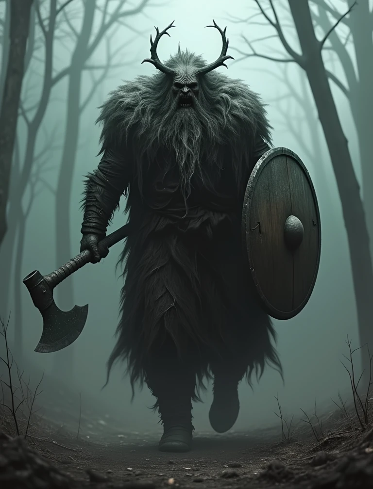 a demonic zombie Viking carrying an axe and shield
visual style: wterrfantf1,otherworldly, horror, dark setting, dark mood