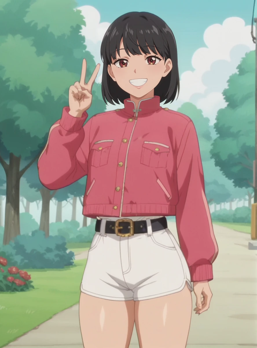 score_9, score_8_up, score_7_up, anime screencap,  anime screencap  anime_coloring <lora:MikiGoogleV:0.7>1girl, solo, black hair, mikipinkjacket, shorts, white shorts, bangs, long sleeves, belt smile  v sign_ thick thighs , outdoors