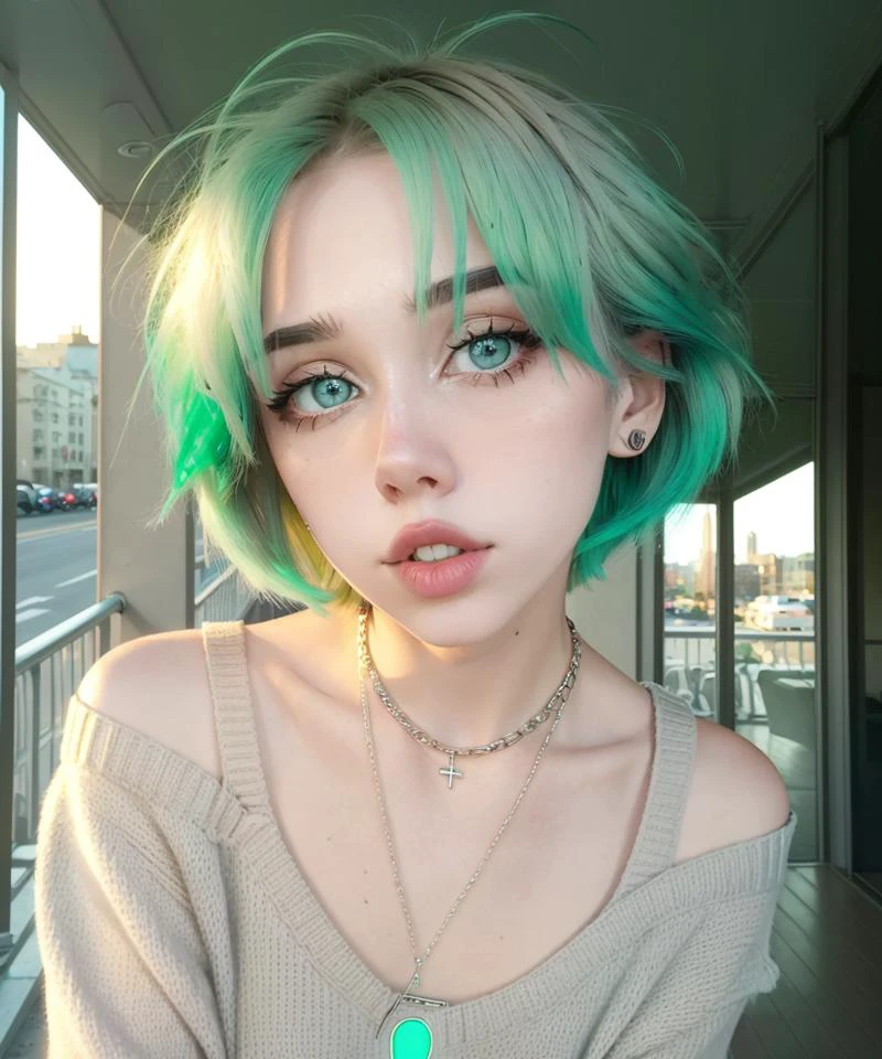 portrait, female facial focus, parted lips, teeth, neutral expression
alinaodd, 1girl, solo, lips, makeup, eyeshadow, neon green hair, short hair, muted lipstick, necklace, sweater, bare shoulder,
outdoors, city,
realistic, skin detail, volumetric lighting
<lora:Alina_V1:0.75>