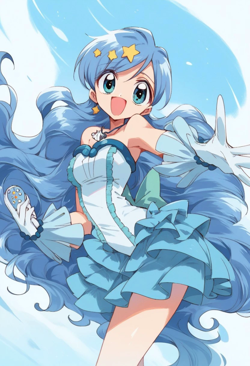 score_9,score_8_up,score_7_up, source_anime, <lora:hanon.pony:1>,hanon,blue hair,long hair,blue eyes,mini dress,gloves,boots,off shoulder,bare shoulder,shell necklace,wrist jewlry, standing, bend over, solo, looking at viewer, cowboy shot, dutch angle