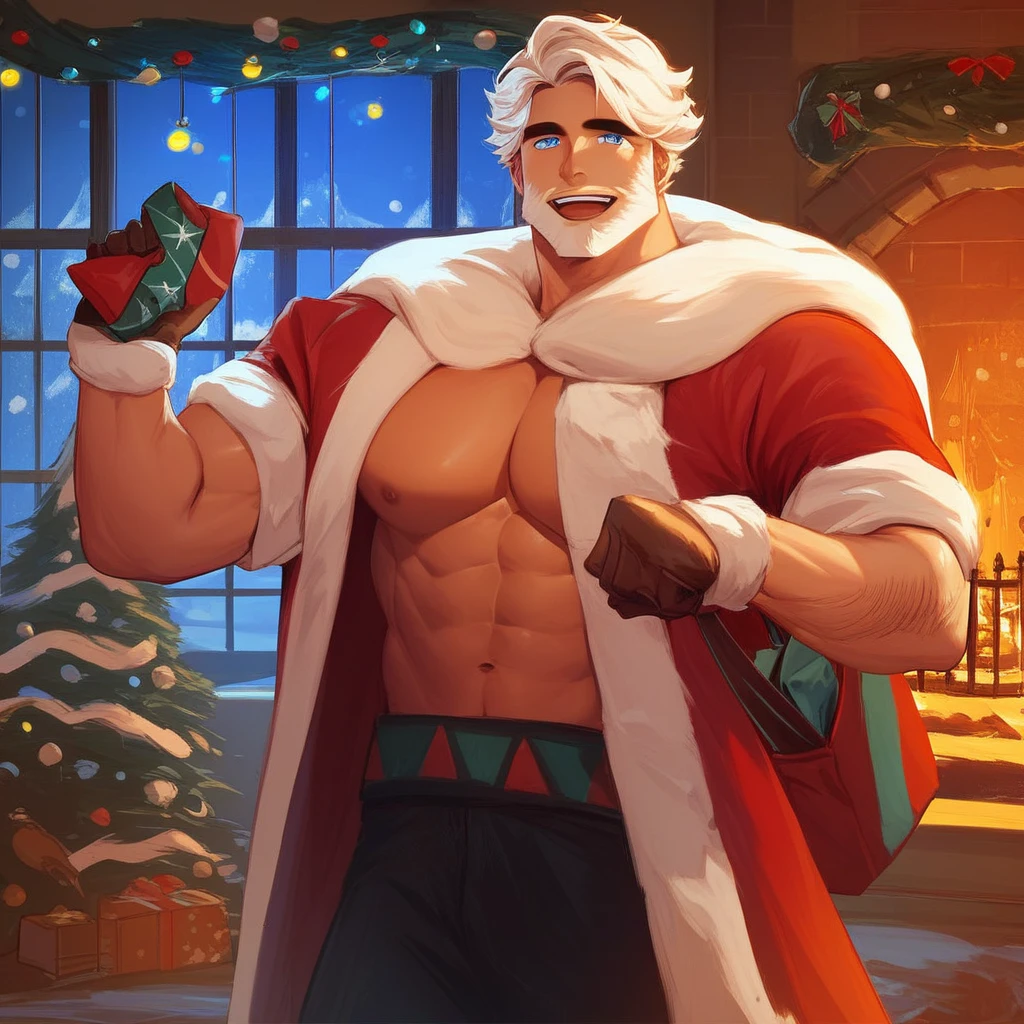 score_9, score_8_up, score_7_up, masterpiece, best quality, lots of details, ((1boy)), mature male, solo, muscular, male focus, Eggnog_cookie, bara, muscular male, blue eyes, facial hair ,beard,full beard, white hair,short hair, santa claus costume , shirtless santa claus costume ,bag of gifts,a bag with gifts on the shoulder, pectorals,indoors, in the house,fireplace in the background, hold a bag with gifts,happy,night,window lights up the room, cheering, open mouth, Expressiveh, countershading:1.1