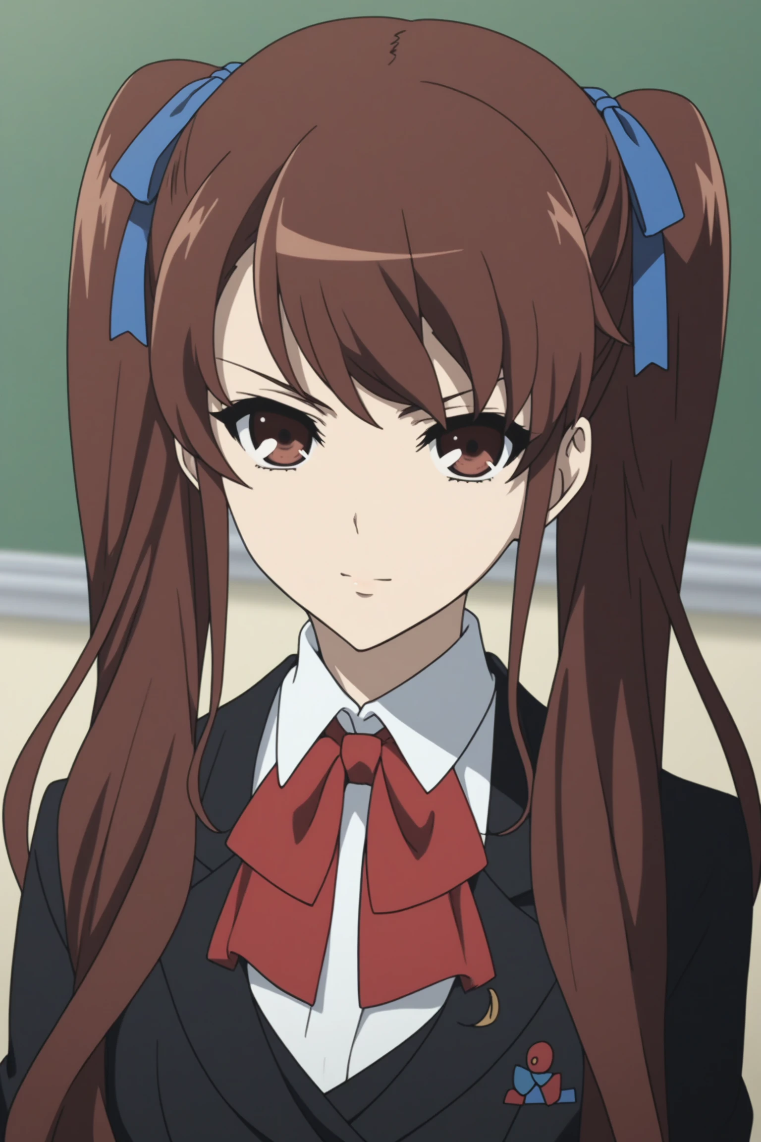 akazawa izumi, brown hair, long hair, twintails, blue hair ribbon, brown eyes, akazawaschoolwin, school uniform, blazer, long sleeves, black jacket, white shirt, collared shirt, red neckerchief, school emblem, blue skirt, pleated skirt, black thighhighs, loafers, <lora:Izumi_Akazawa:0.9>, score_9, score_8_up, score_7_up, score_6_up, score_5_up, source_anime, rating_safe, medium breasts, indoors, 1girl, solo, looking at viewer, <lora:age_slider_v4:1.5>, (dynamic pose:1.2), (upper body:1.2)