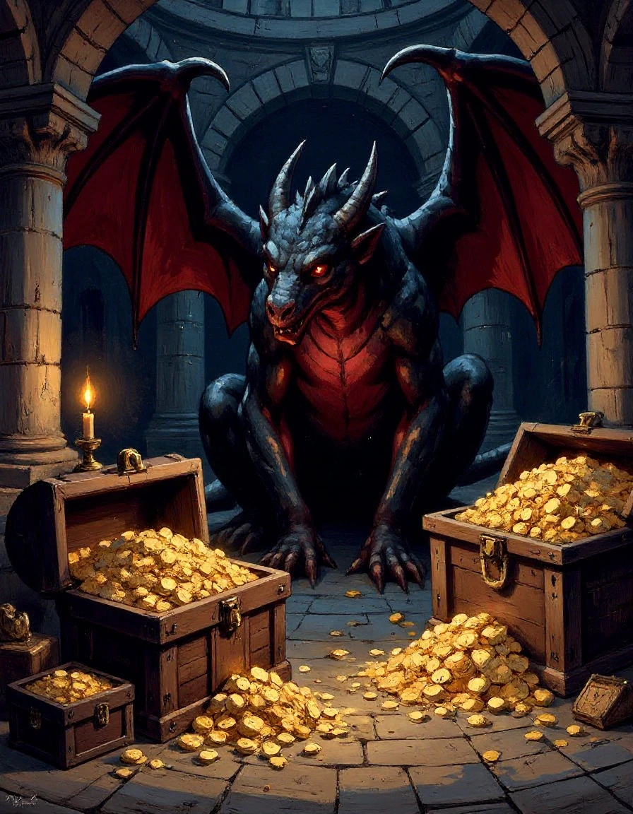 illustrated dark castle interior with a black-red dragon lurking in the shadows with faint light glinting off of piles of gold and gems and overflowing treasure chests 