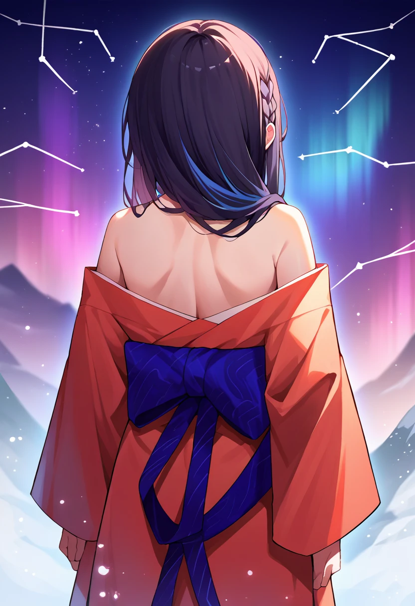 score_9, score_8_up, source_anime, 1girl, solo, IchinoseUruha, long hair, braid, multicolored hair, aurora, back, bare back, bare shoulders, constellation, from behind, kimono, light particles, long sleeves, off shoulder, <lora:ChamIchinoseUruhaPonyXL:1>