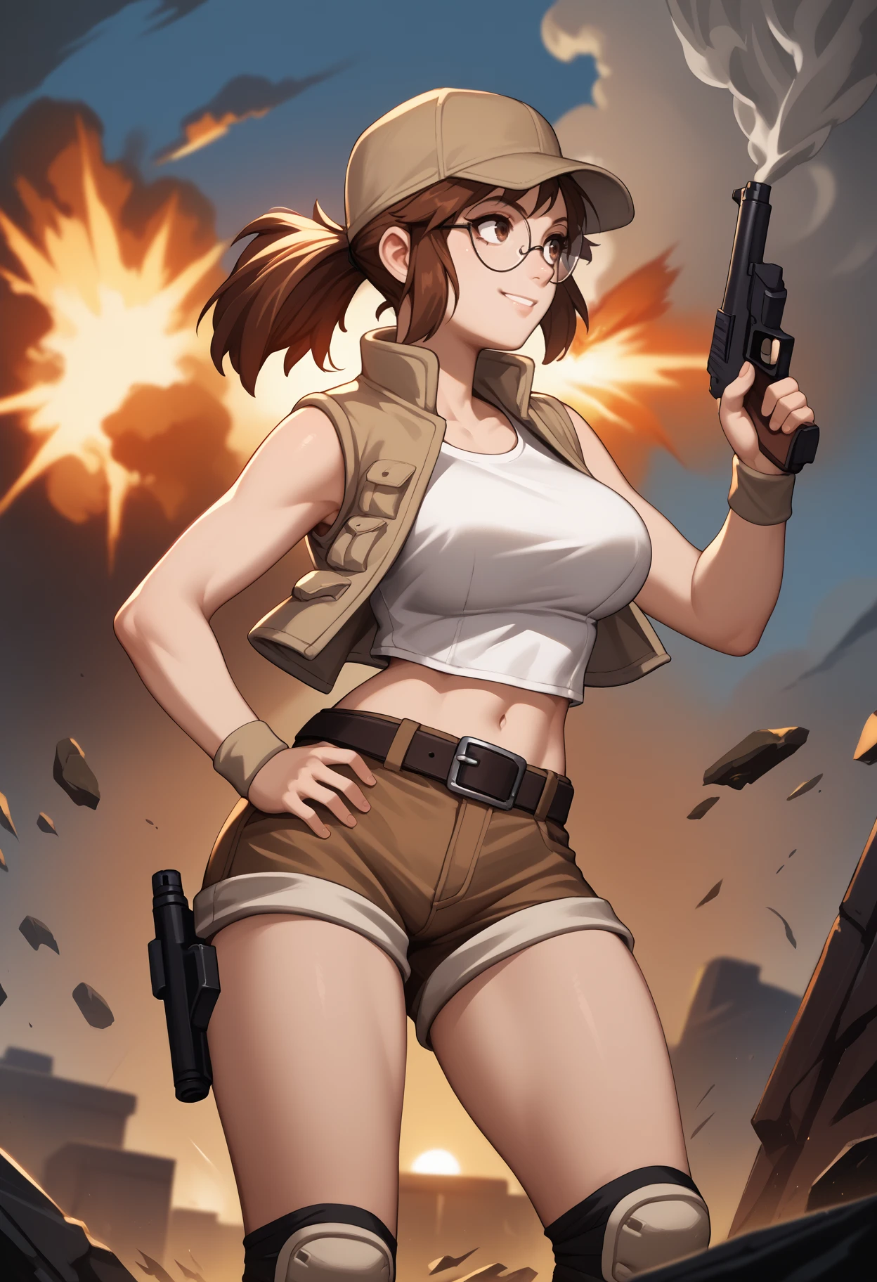 score_9, score_8_up, score_7_up, source_anime, solo, 1girl, fio germi, smirk, looking away, standing, holding gun, handgun, ponytail, baseball cap, round eyewear, glasses, brown vest, open vest, white tank top, crop top, brown shorts, short shorts, hip vent, belt, knee pads, wristband, midriff, large breasts, sunset, cloud, outdoors, battlefield, debris, smoke, explosion
<segment:yolo-face_yolov8m.pt,0.4,0.5//cid=1>