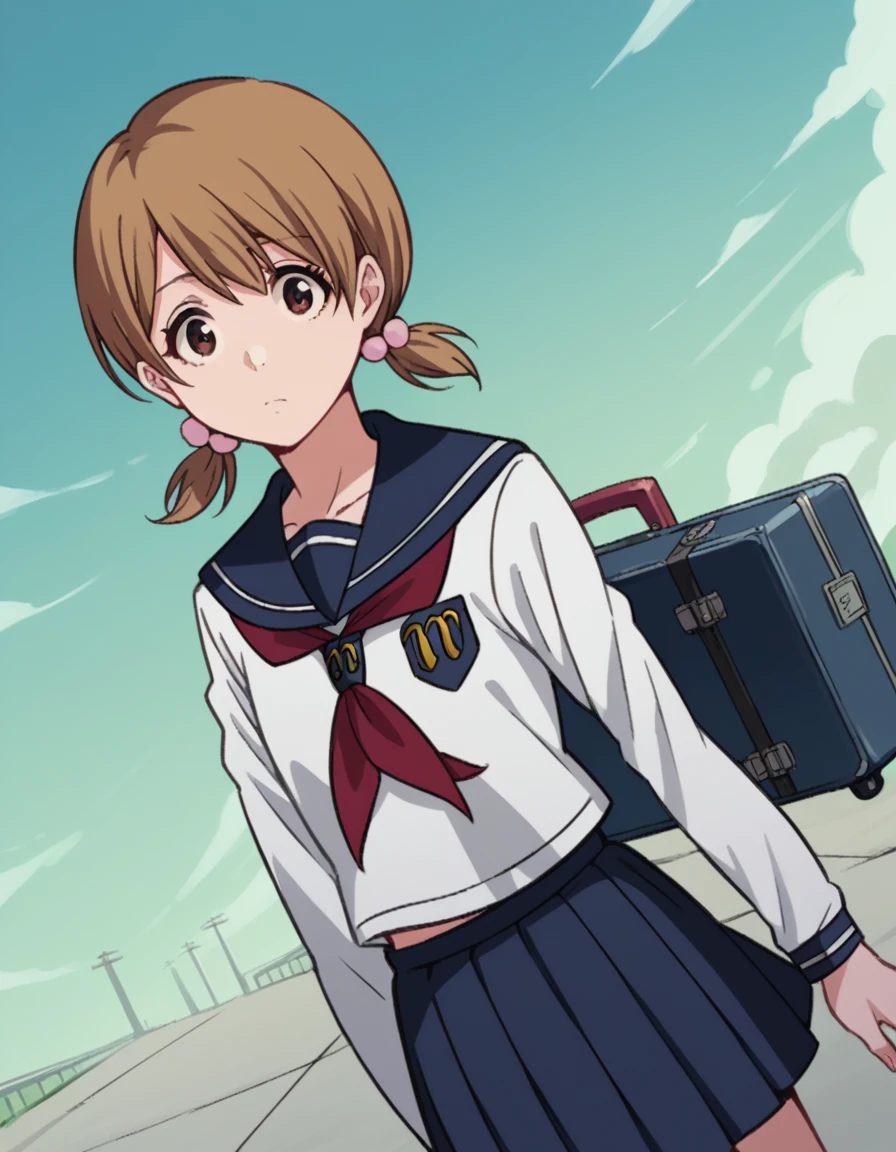 score_9, score_8_up, score_7_up, source_anime, <lora:yuzu-kurosaki-anime-ponyxl-lora-nochekaiser:1>, yuzu, short hair, brown hair, brown eyes,, twintails, short twintails, school uniform, serafuku, neckerchief, red neckerchief, skirt, blue skirt, pleated skirt, long sleeves, white shirt, shirt, sailor collar, blue sailor collar,, airport, waiting area, suitcase, flight delayed, passengers, reading book, , looking at viewer, elbow out, foot on ground, hand on waist, solo,, cowboy shot, dutch angle
