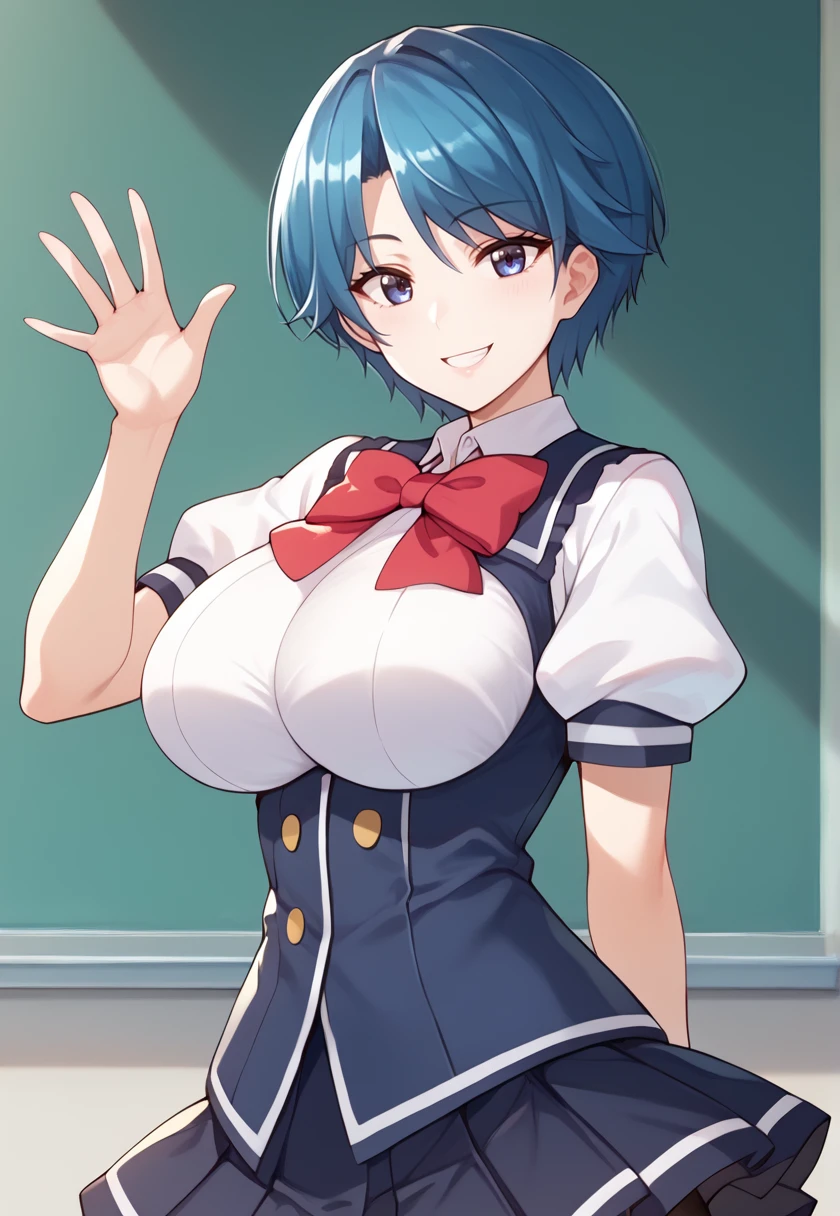 (looking at viewer, smile, waving), <lora:tsubasakimizukaNSLT:1> tsubasakimizuka, short hair, blue hair, blue eyes, large breasts, red bow, school uniform, shirt, puffy sleeves, short sleeves, pleated skirt, skirt, black pantyhose, white shirt, white sleeves, 16k, masterpiece, absurdes, highly detailed, highres, high quality, best quality, score_9, score_8_up, score_7_up, score_6_up, looking at viewer, portrait, upper body, close-up,