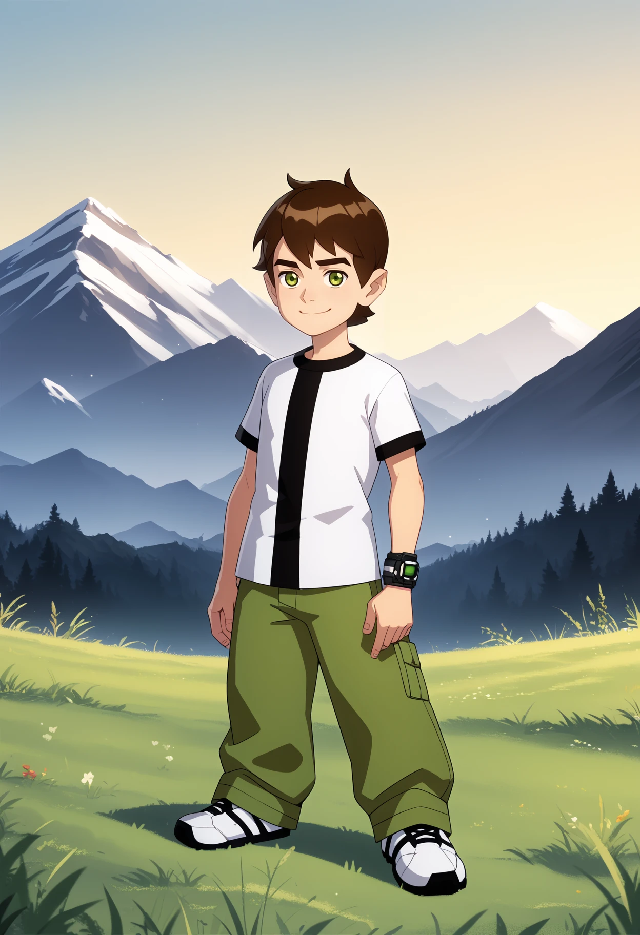 score_9, score_8_up, score_7_up, BREAK
1boy, bentennyson, brown hair, green eyes, 
green pants, shirt,
smile, full body, standing, solo, looking at viewer, grass, blue sky, mountains background    <lora:Ben10XL_byKonan:1>