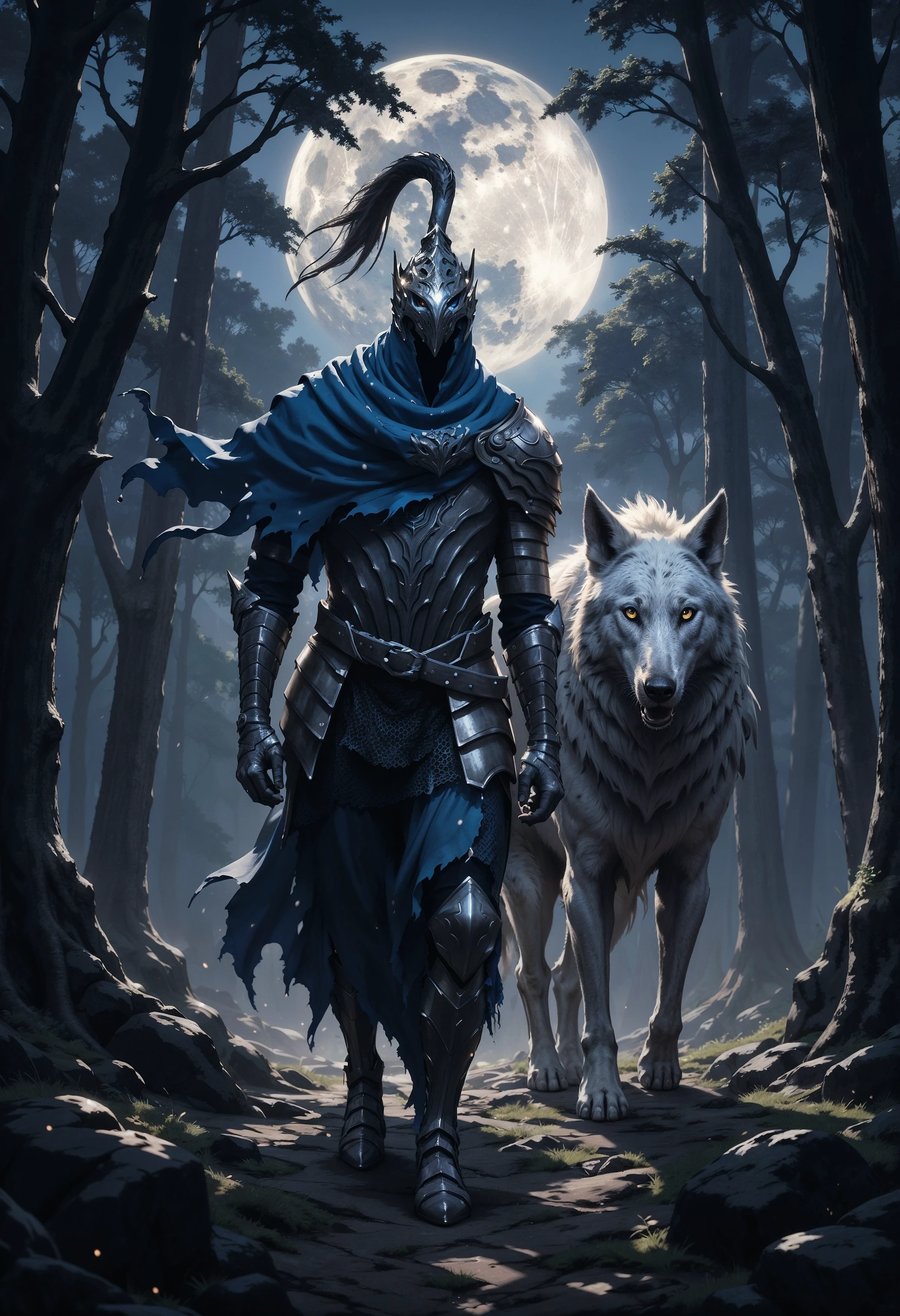 FluxArtorias, A stoic knight embarks on a nocturnal journey through the shadowy forest, walking with a giant white wolf. His billowing blue cloak stands out against the moonlit backdrop, adding an element of mystery to the scene. This ultra-realistic moment captures every intricate detail of the knight and his companion, bringing them to life in vivid detail. The dark fantasy atmosphere is heightened by the impeccable quality of the image, immersing viewers in a world of enchantment and danger.  <lora:FluxArtorias:1> <lora:fluxenhancer:0.5>