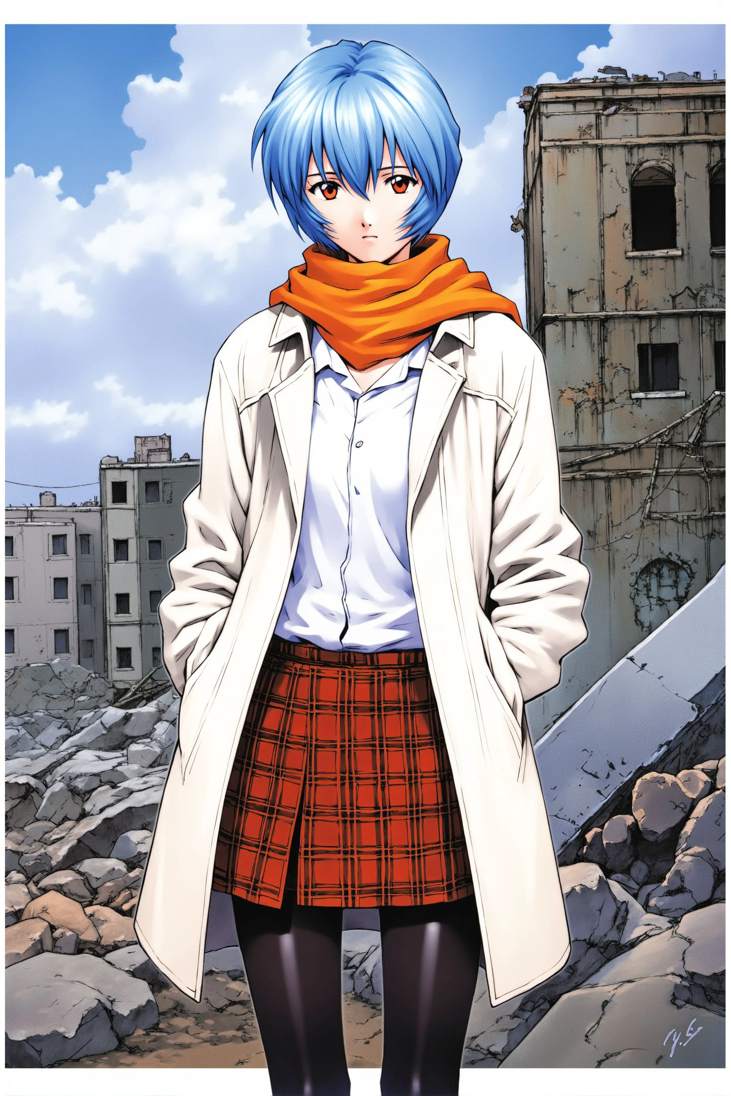 Sadamoto Yoshiyuki Style, 1girl, ayanami rei, solo, skirt, ruins, scarf, outdoors, blue hair, red eyes, short hair, pantyhose, coat, plaid skirt, plaid, looking at viewer, orange scarf, hands in pockets, open coat, day, open clothes, white coat, building, black pantyhose, shirt, pleated skirt, hair between eyes, bangs, sky, standing, long sleeves, school uniform, 1990s \(style\), retro artstyle, 
<lora:Sadamoto Yoshiyuki_FLUX:1.0>