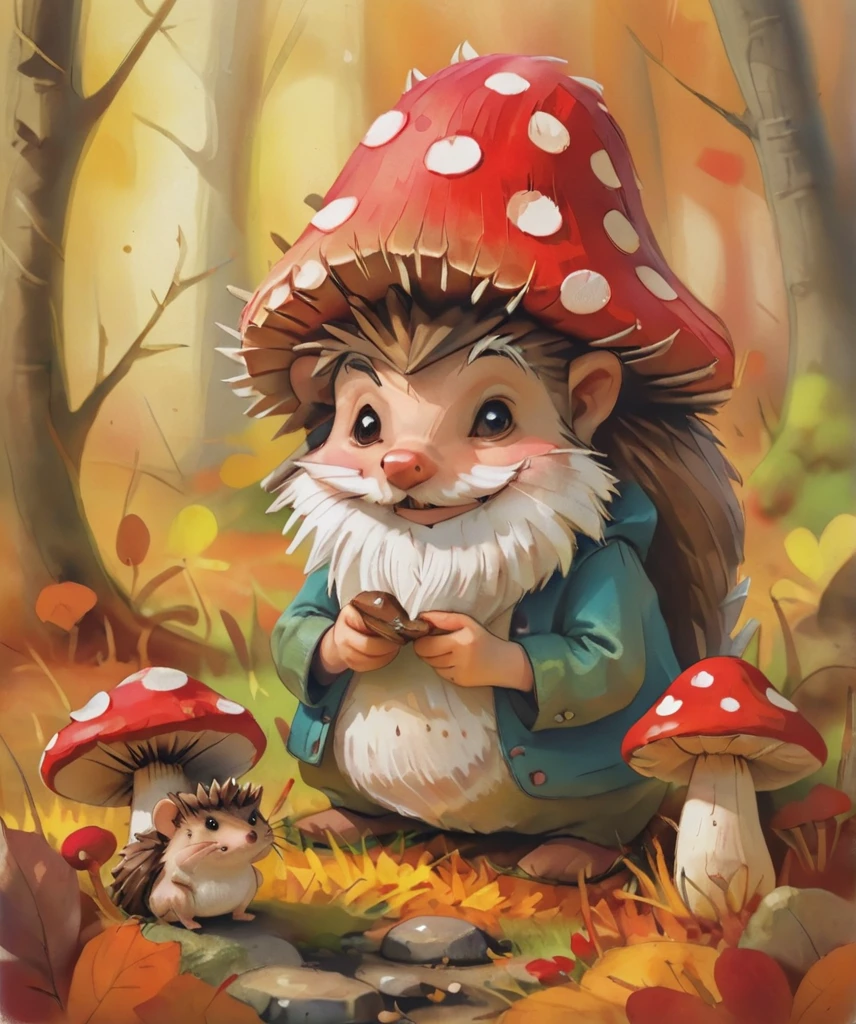 a cute gnome hedgehog and a toadstool in an autumn , beautifully textured brushstrokes, elegant, emotive faces, contest winner