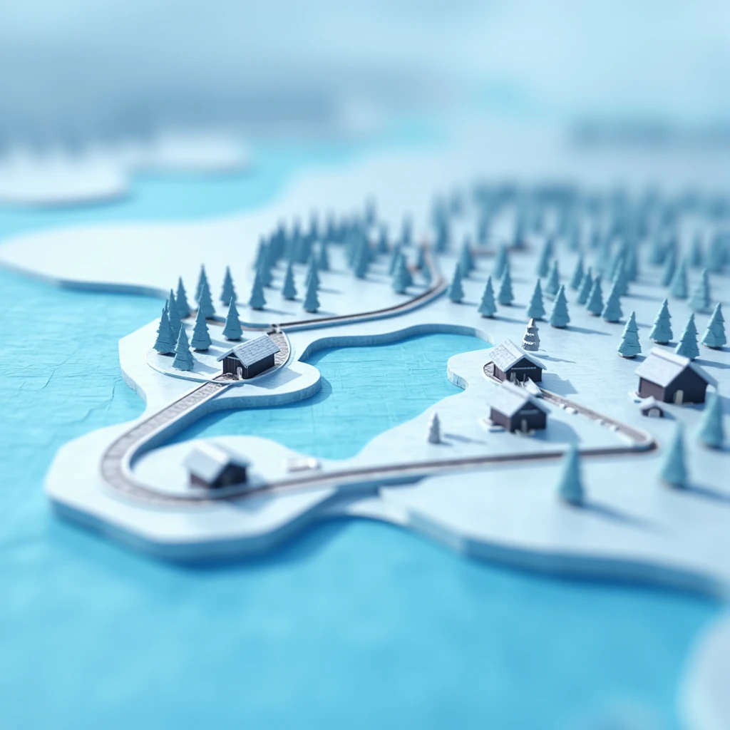 a miniature of a snowy landscape in the style of MinG0t. ice lake, little town