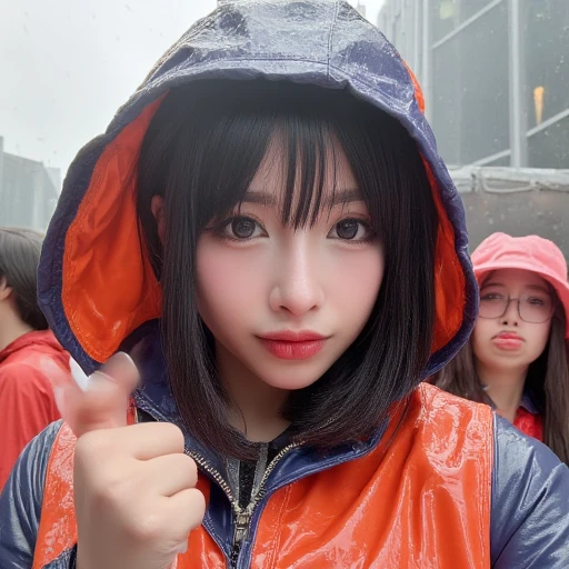 @Asianbunnyx, Asian, cosplayer, twitch streamer, realistic, lips, closed rain coat, crowded background, raining, black hair, outdoors, Neutral expression