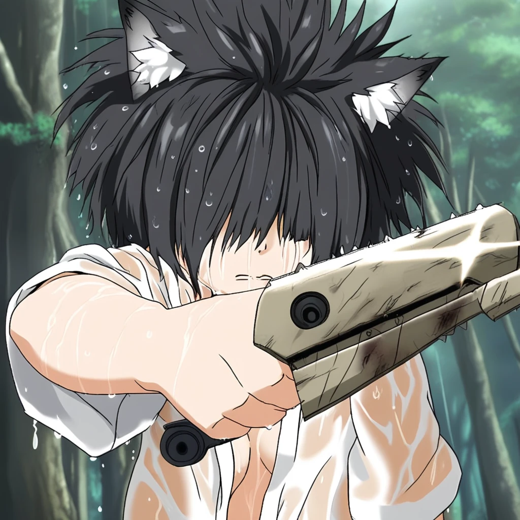 an1me art style, nature, hair over eyes, upper body, wet, shirt, holding bow (weapon), hair over one eye, black eyes, spiked hair, animal ear fluff, open clothes, tears, aiming