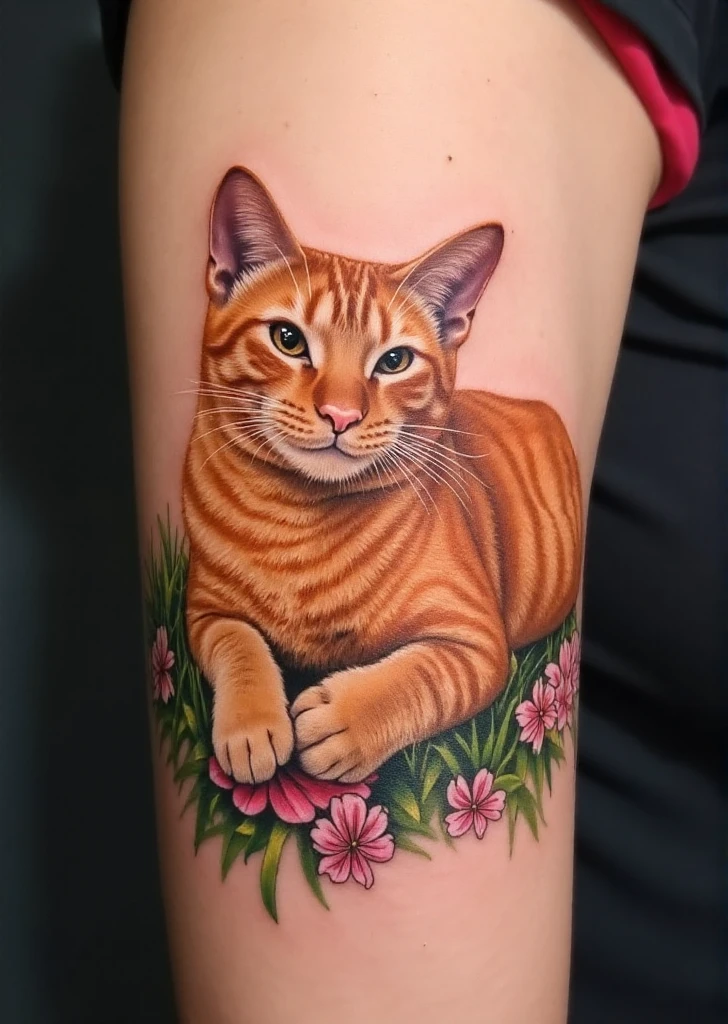 tatoo design of xpanzudox orange cat , the tatoo its on the arm of a woman , the tattoo depict xpanzudox laying with his belly up on a field of flowers, he looks happy, the tattoo its very colorful very detailed  <lora:Panzon_Gordinflon:1>