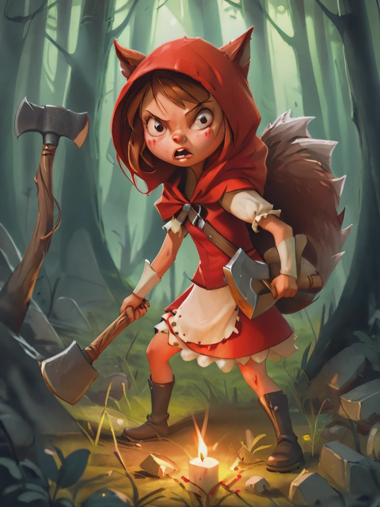 painting of little red riding hood girl, holding an axe, to protect herself and the angry wolf, epic cinema lighting, candles in the forest