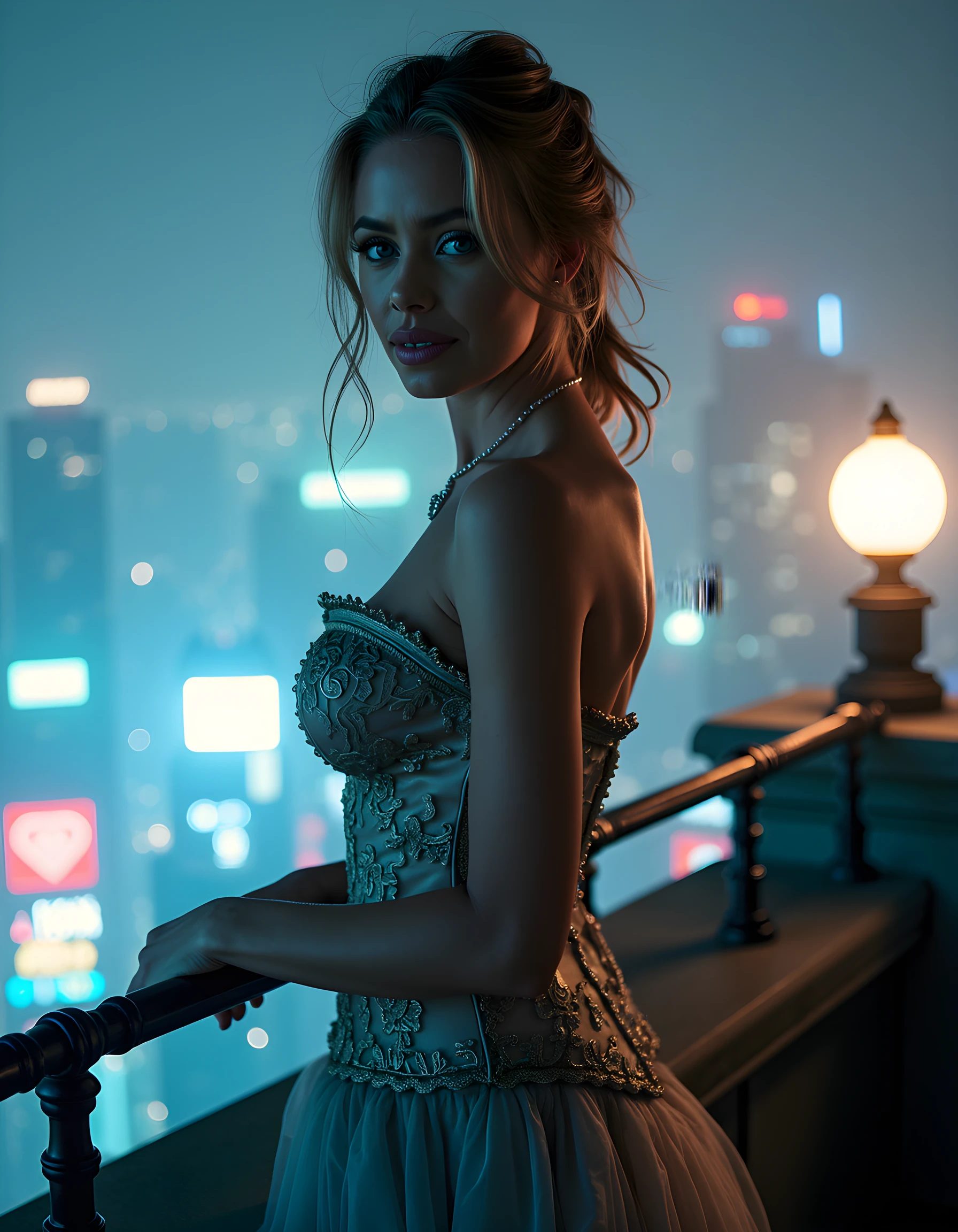 N1C0L3AN, In a surrealist noir scene, the image captures a woman, clad in an ethereal, intricately embroidered Victorian-style dress with a touch of steampunk elements, standing alone on a foggy rooftop overlooking a neon-lit metropolis bathed in moonlight. Her gaze is fixed intensely on the viewer, her eyes sparkling with an enigmatic smile that hints at both vulnerability and resilience, as if daring the world to unravel her mysteries, all framed by a soft, smoky haze filtering through the lens.