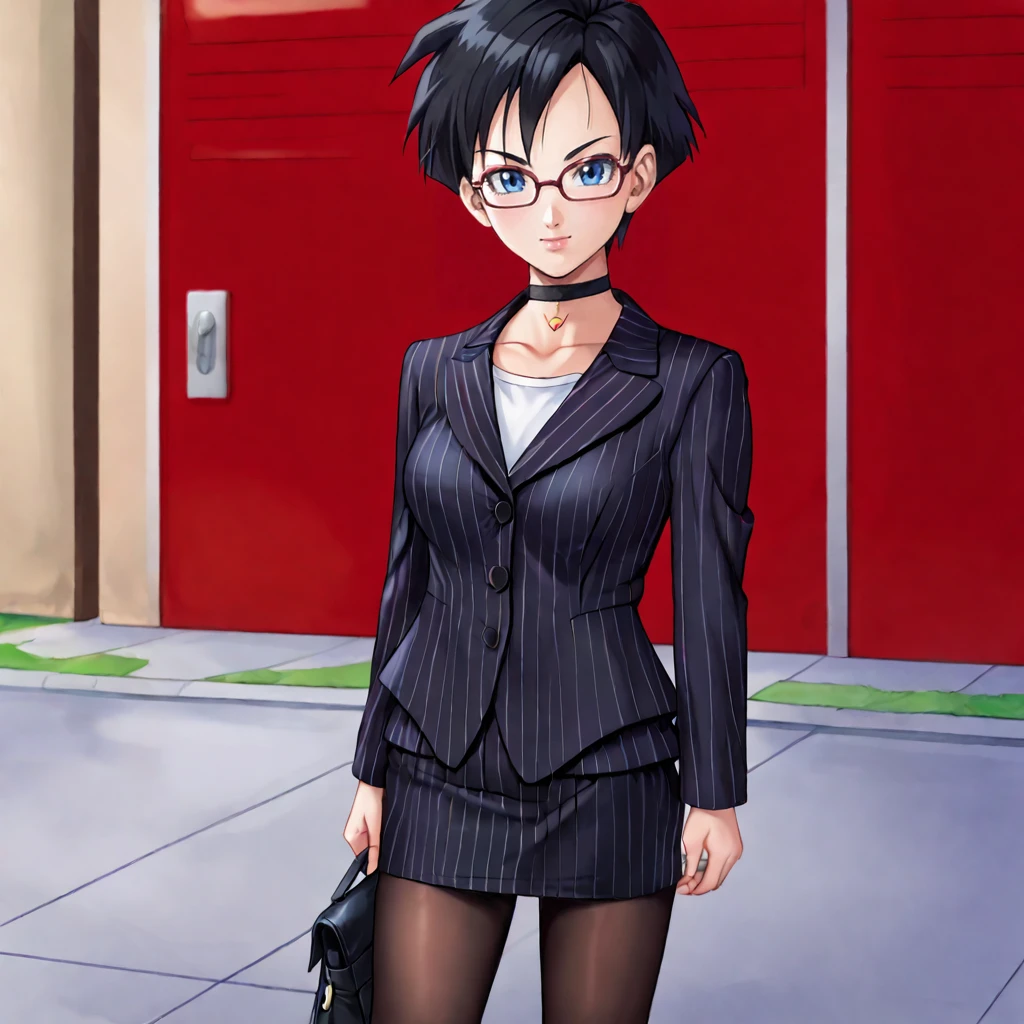 <lora:videl_pony_v1:0.85> VidelShortHair, black hair, 1girl, blue eyes, short hair,collarbone, cowboy shot, standing, looking at viewer <lora:0856 OL professional suit skirt 1_v1_pony:1> ruanyi0856,striped jacket,choker,black pantyhose,striped skirt,glasses,black skirt,pinstripe pattern